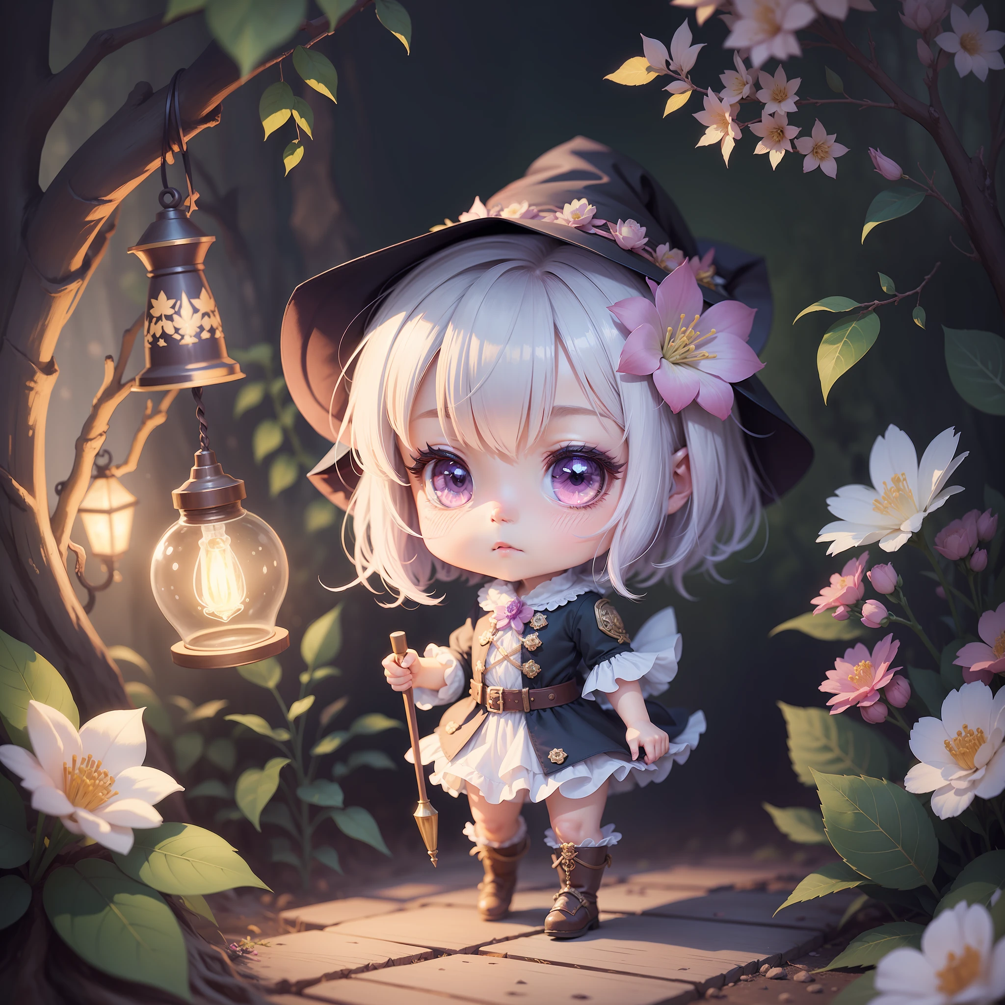 full body, a little witch making cute magic potions, cute flowers, scary trees, 4K resolution, with lamp lights, fantasy, fantasy art, character focus, magic potions detailed, Hand detailed, illustration of a cute girl, cute flowers, scary trees, manga style, kawaii, black, purple, pink, gold, freplace detailed, cute, kawaii, chibi, manga style, illustration, vintage style, epic light,  fantasy, fantasy art, watercolor effect, bokeh, adobe illustrator, hand drawn, digital painting, low-poly, retro aesthetic, character focus, 4K resolution, using 4d cinema, white outline, vivid printing, watercolor painting, illustration, 4k, manga style, detailed binding, detailed potions, Tim Burtons The night before Christmas