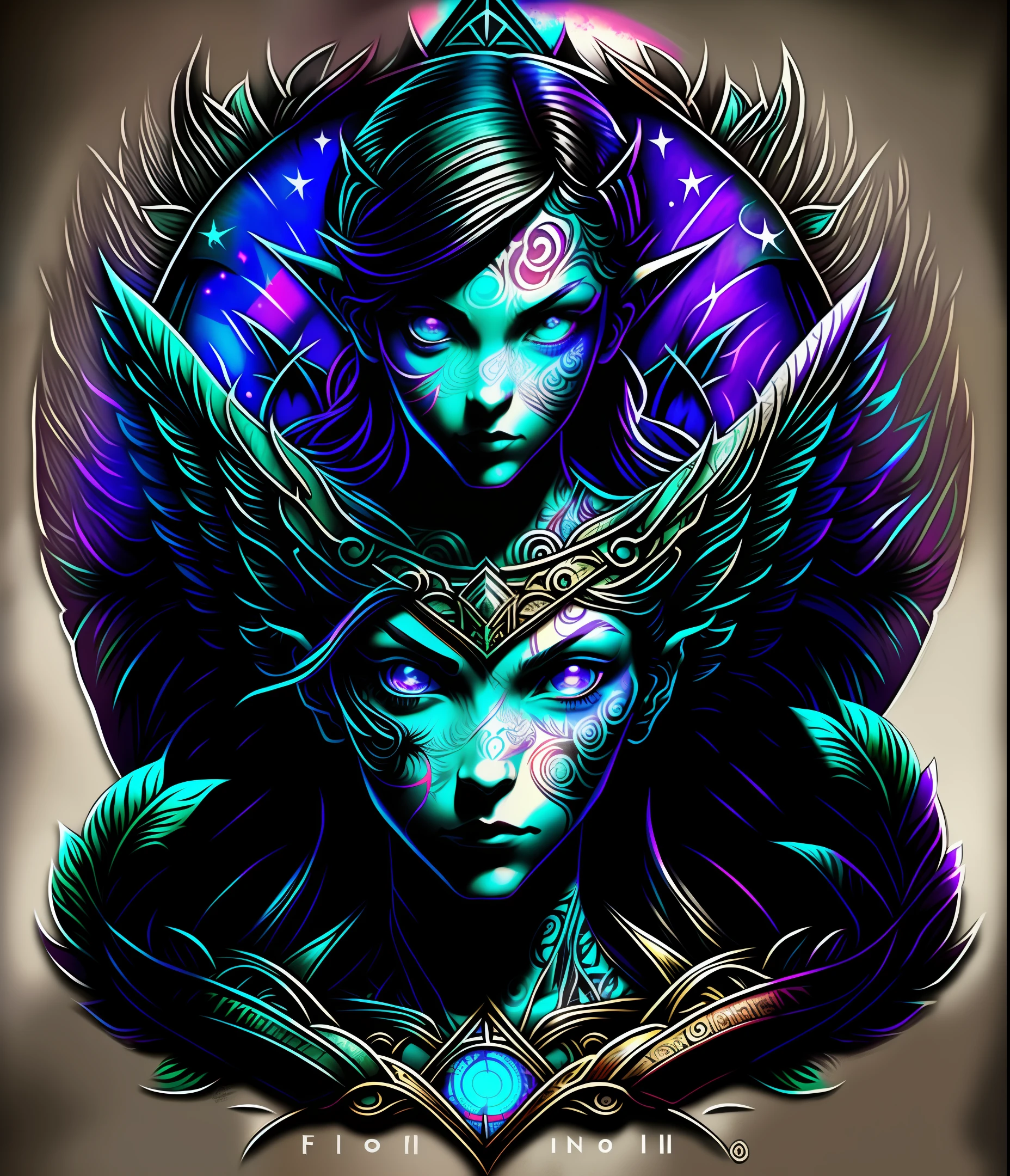 Feerico pointed ears violet eyes, tattoos on the whole arm, long hair black white skin man