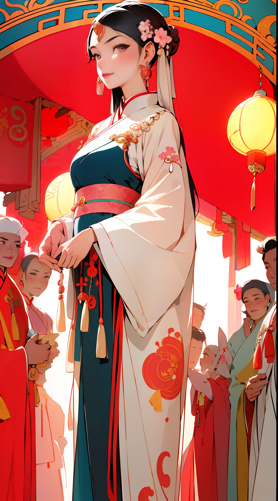 ((illustration of a woman in ancient Chinese clothing)), (1 girl solo), close-up, facing the camera, (gentle eyes), (ancient Chinese clothes, embroidered robes, embroidered collared uesugi, large sleeved shirts, streamers, cloaks, silk skirts), ((long black hair, hairpins)), (ancient Chinese clothes, coiled hair, streamers, pale pink lips, tassels, silver thread, beading, embroidery), (clear facial features, detailed skin texture, beautiful face), white background, earrings, standing, (masterpiece, top quality, best quality), ((flat color))),