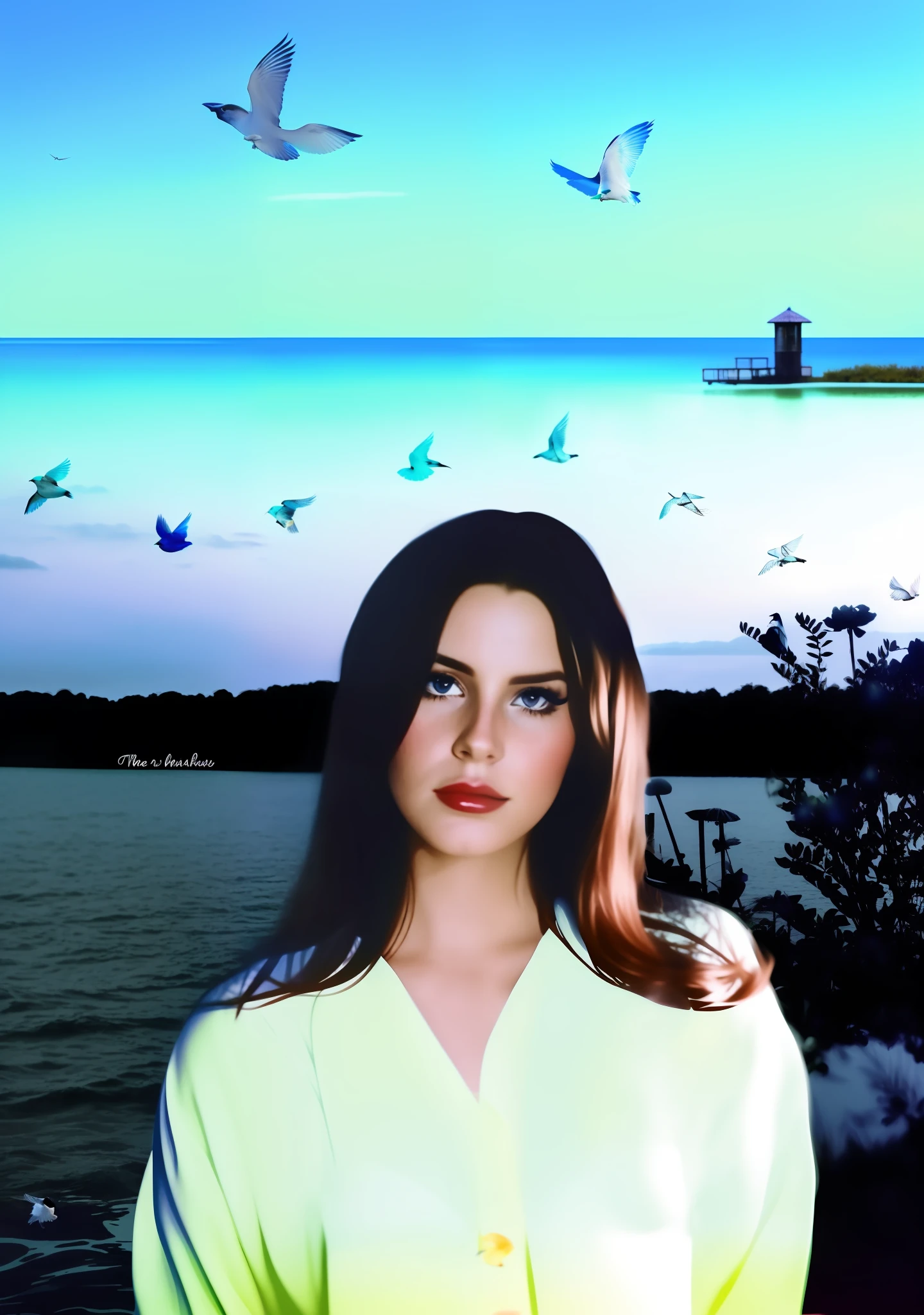 there is a woman standing by the water with birds flying around, lana del rey, a portrait of lana del rey, digital art. @mariomaniacdude, in style of petra collins, ((oversaturated)), album art, washed out color, inspired by Elsa Bleda, alternate album cover, album cover!, aesthetic!!!!, young and beautiful, fanart