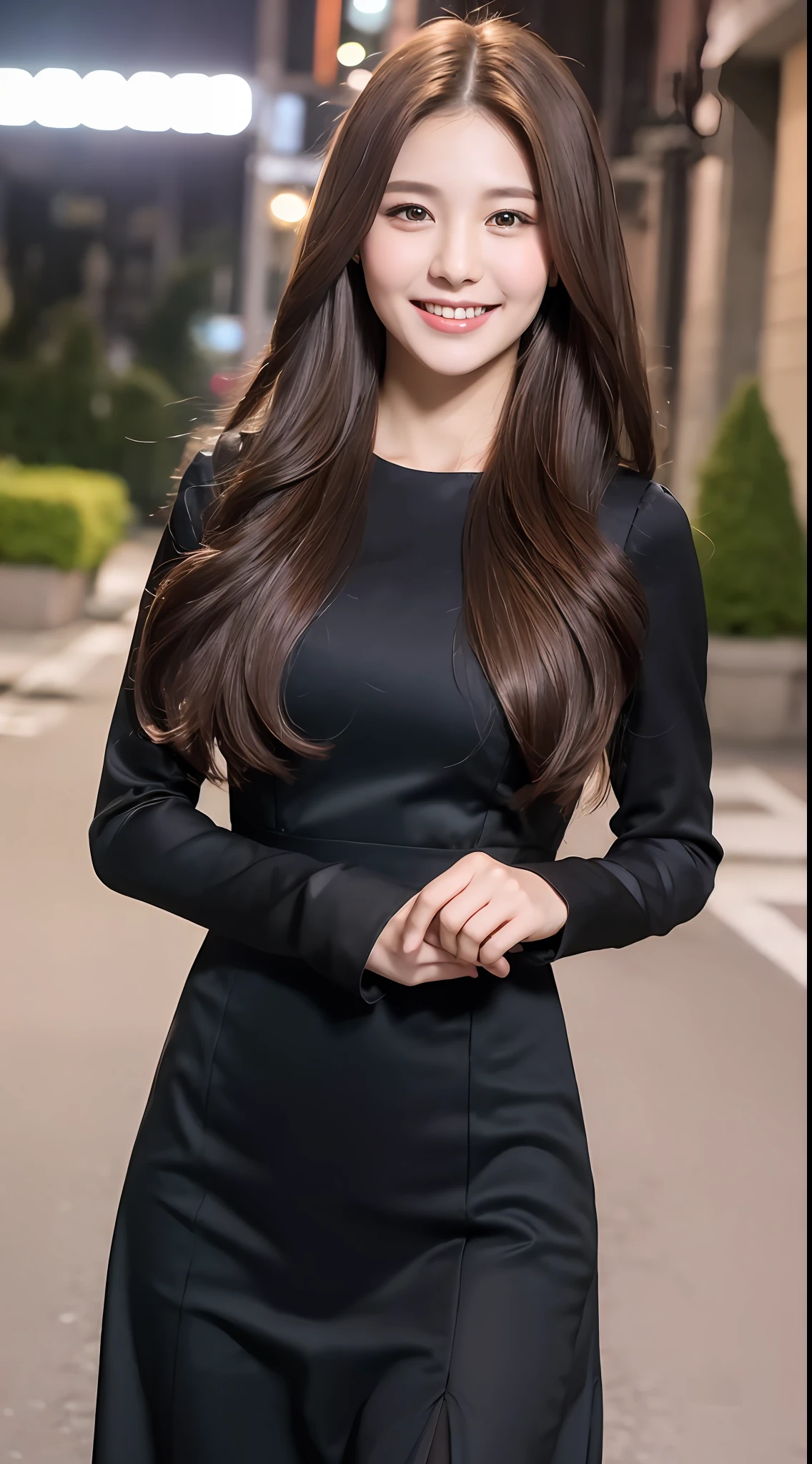((Best quality, 8k, Masterpiece :1.3)), 1girl, smiling, full body, slim face, Pretty woman, (Dark brown hair), full length dress :1.1, Ultra-detailed face, Detailed eyes, Double eyelid, blur background, slim face, city, outside, street,