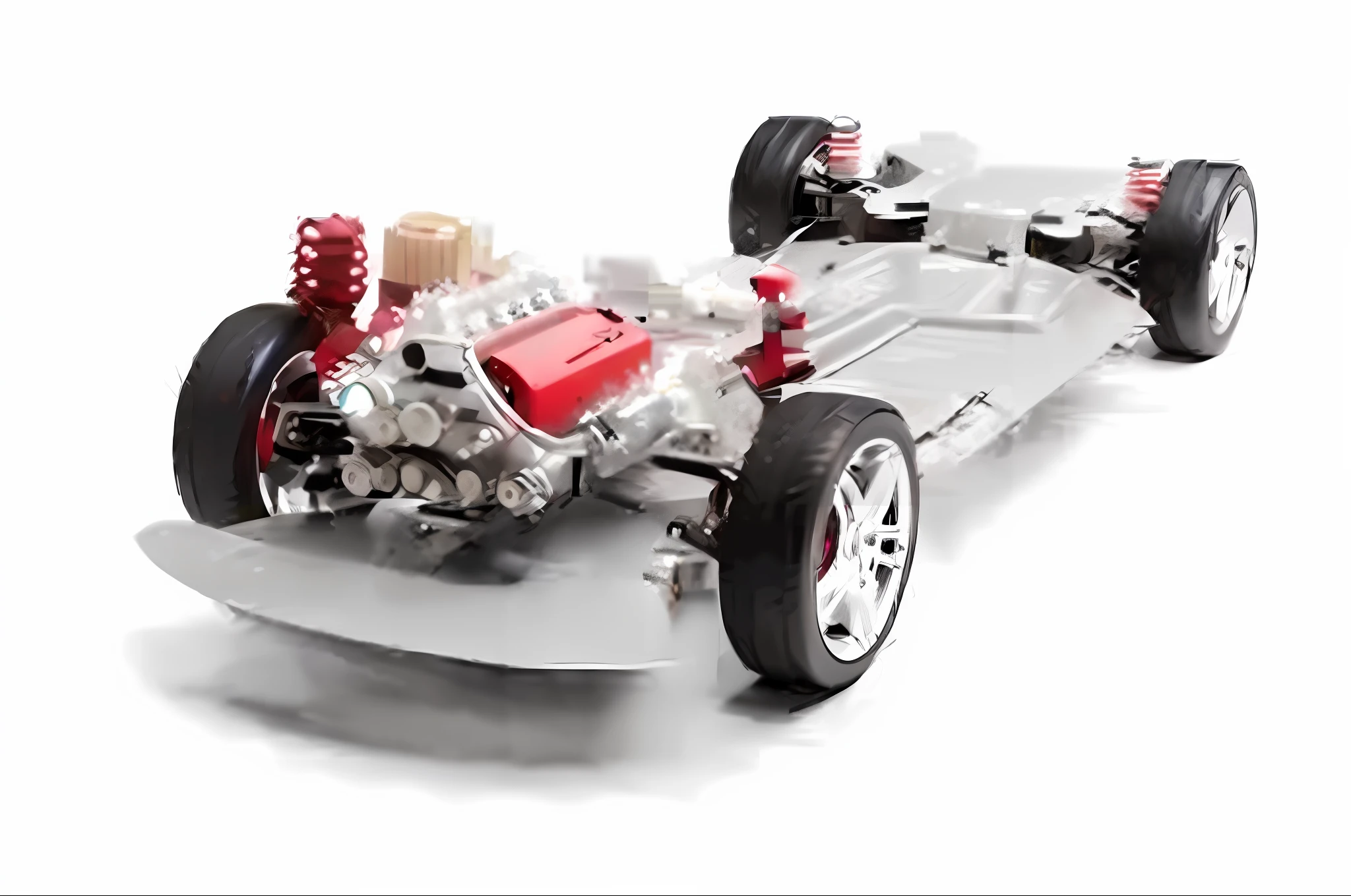 a close up of a car with a red engine and a red wheel, full view of a car, hydrogen fuel cell vehicle, with elements of the f40, car parts concept, aftermarket parts, combustion engine, car engine concept, mechanical superstructure, car engine, without background, automotive, underbody, prototype car, electric motors