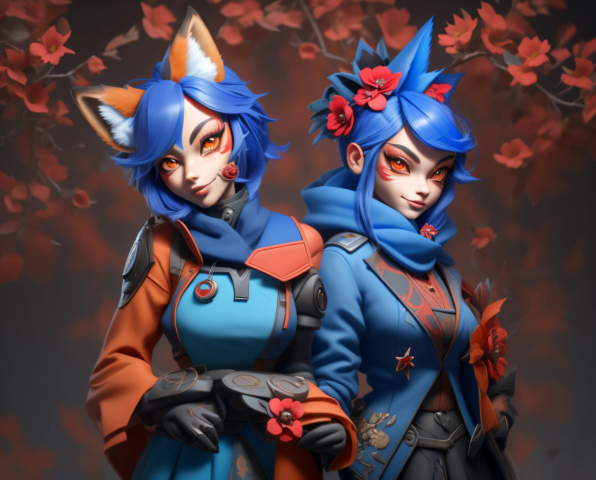 araffe wearing a blue dress and a jacket with a red flower on it, a beautiful fox lady, foxgirl, fox nobushi, female fox, an anthropomorphic cyberpunk fox, portrait of an anthro fox, girl with fox ears, an anthro fox, foxy, anthropomorphic fox, digital fox, an anthropomorphic fox