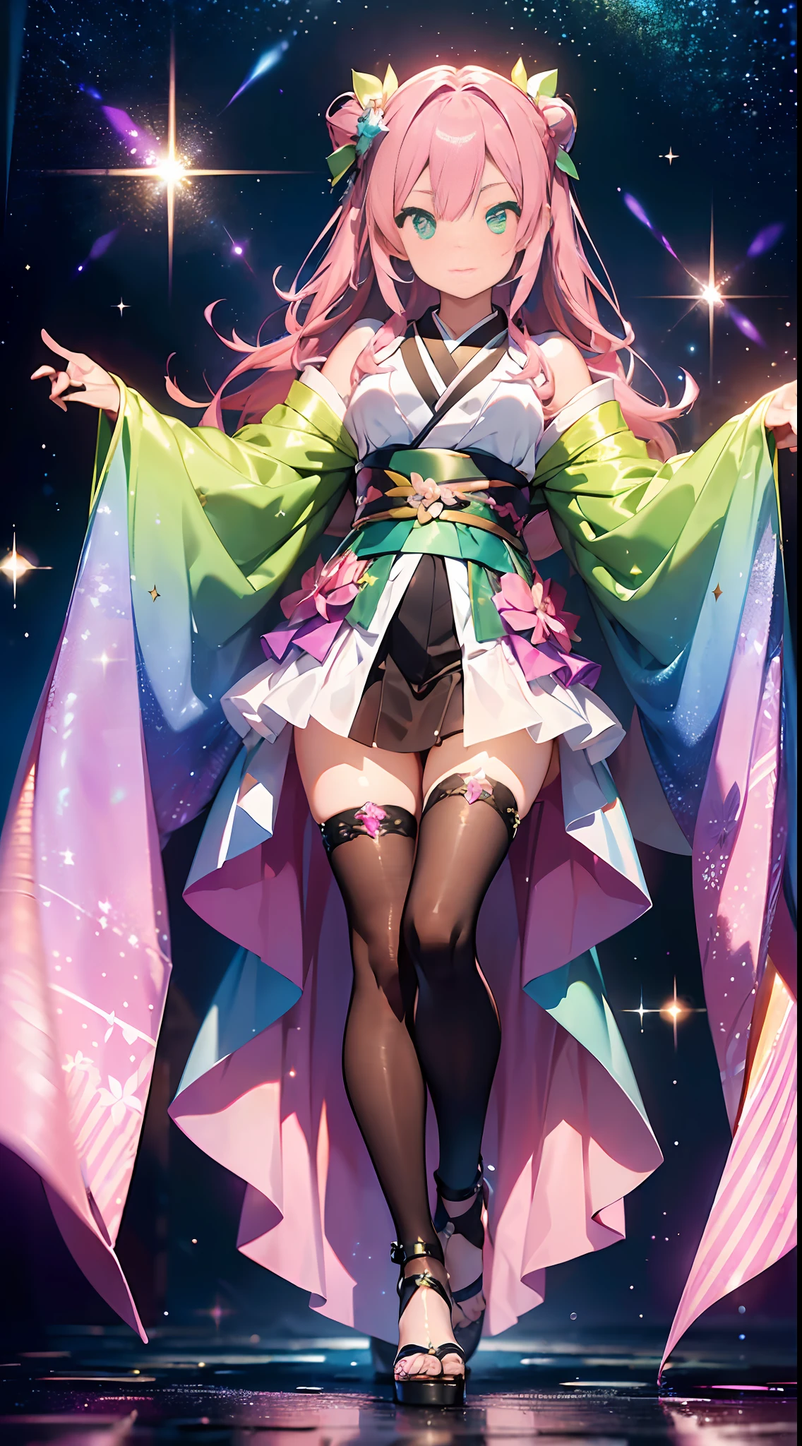 (((Masterpiece))). ((Super detail, top quality, high resolution, movie lighting, glitter, glitter, lens flare, light particles, glowing tones,))
, full body, full body shot.
(1 girl) ((pink hair, long hair, both sides up))
(green eyes), eyeshadow, eyeliner, glowing eyes, beautiful eyes ((sparkling, pink pupils)) 18 year old girl.
light, glow, dazzling, glare, shimmer, reflection, prism, full body, sexy pose
18-year-old girl. She wears a transparent kimono made of PVC material.