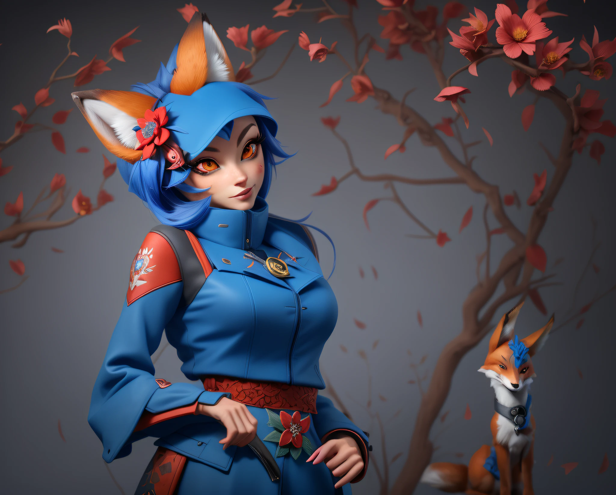 araffe wearing a blue dress and a jacket with a red flower on it, a beautiful fox lady, foxgirl, fox nobushi, female fox, an anthropomorphic cyberpunk fox, portrait of an anthro fox, girl with fox ears, an anthro fox, foxy, anthropomorphic fox, digital fox, an anthropomorphic fox