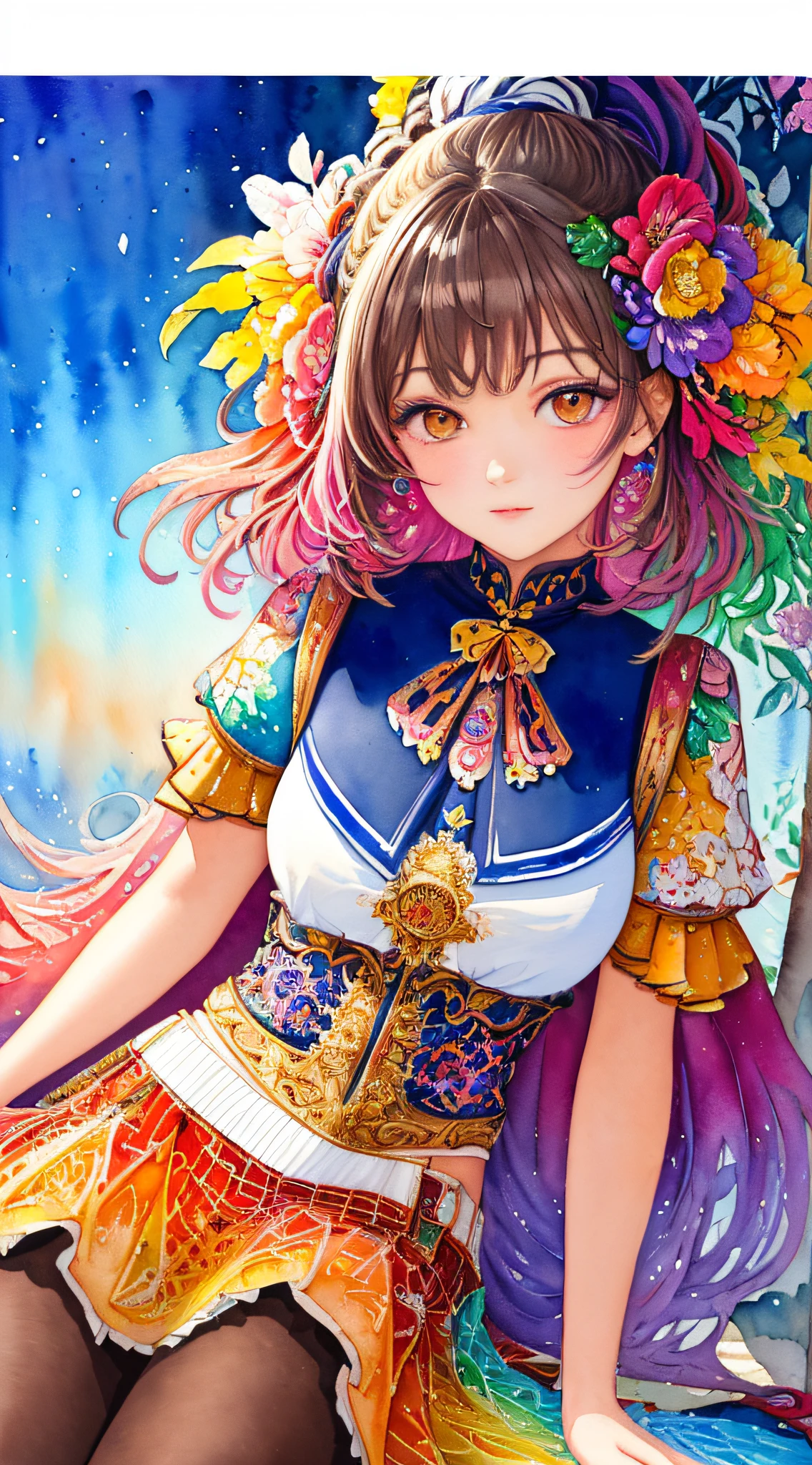 ((masterpiece,best quality,ultra detailed,ultra high res,detailed background)),((1girl)), extreme detailed,colorful,highest detailed,(((watercolour painting))), optical mixing, playful patterns,lively texture,rich colors,unique visual effect