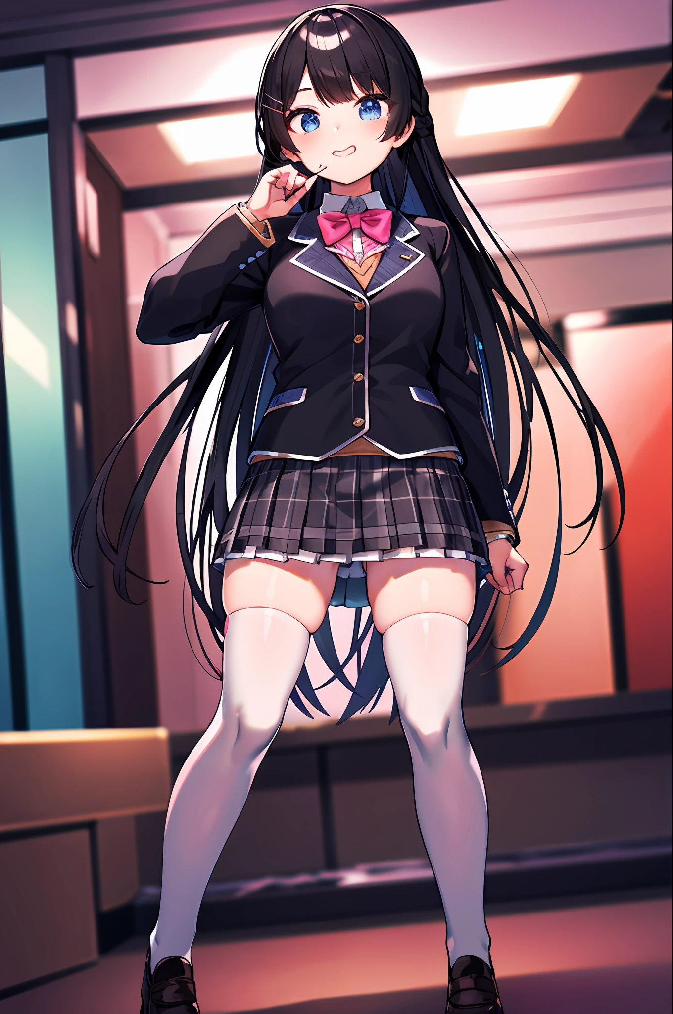 tsukino mito, long hair, virtual youtuber, skirt, thighhighs, black hair, jacket, bow, blazer, black jacket, hairclip, hair ornament, white thighhighs, bangs, braid, pleated skirt, pink bow, school uniform, bowtie, very long hair, long sleeves, shirt, collared shirt, white shirt, blue eyes, pink bowtie, plaid skirt, plaid, black skirt, miniskirt, standing,