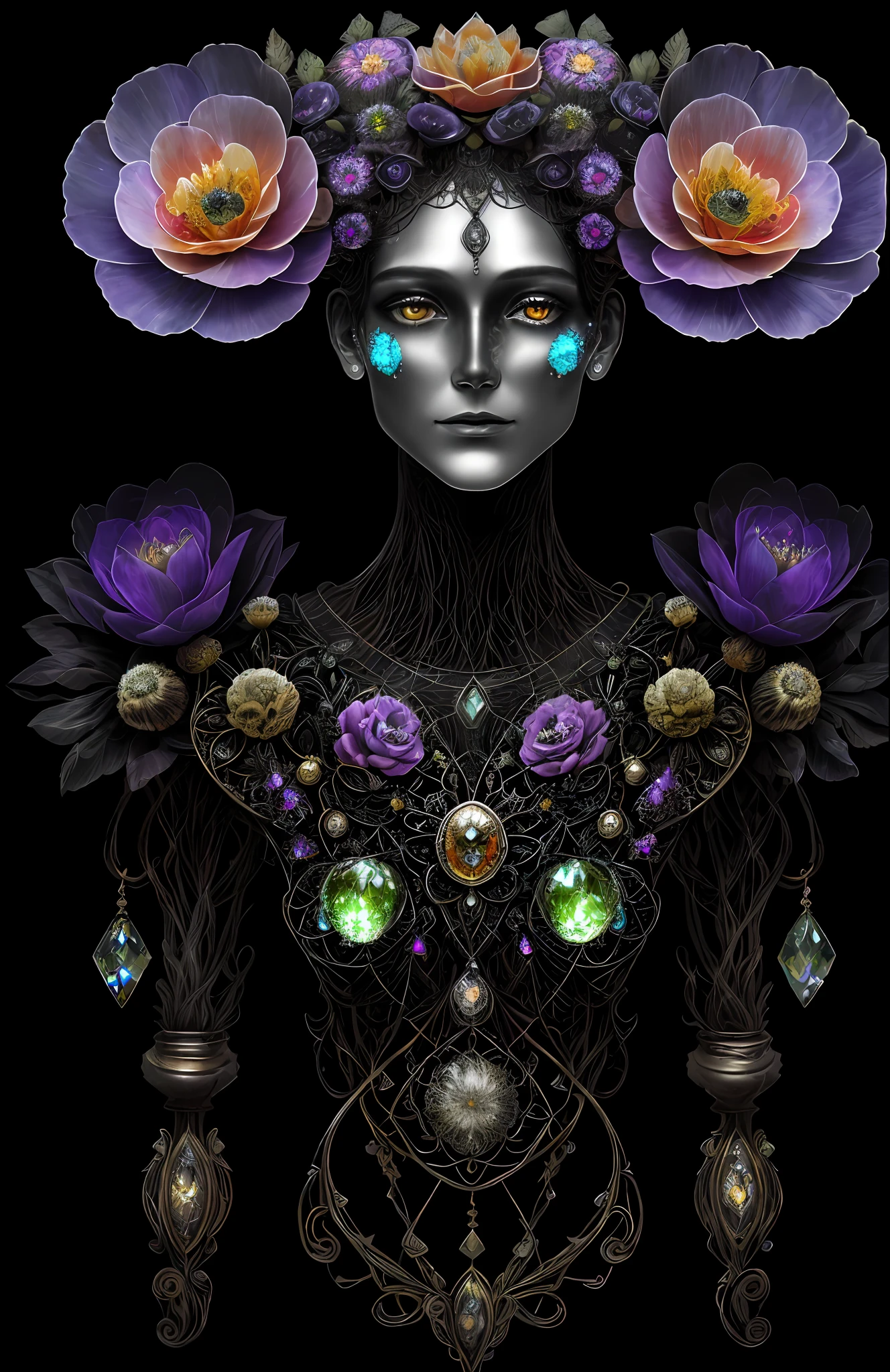 "Rosen maiden, (masterpiece, best quality), (illustration), strange fungal disease dense forest, transparent sticky substance, caustics, crystals, close-up, intricate details, dark background, sparkling spores, rainbow crystals, darkness", made of metal, cyborg: 1.1, [detailed wire]: 1.3, (complex details), HDR, (complex details, hyperdetailed: 1.2),