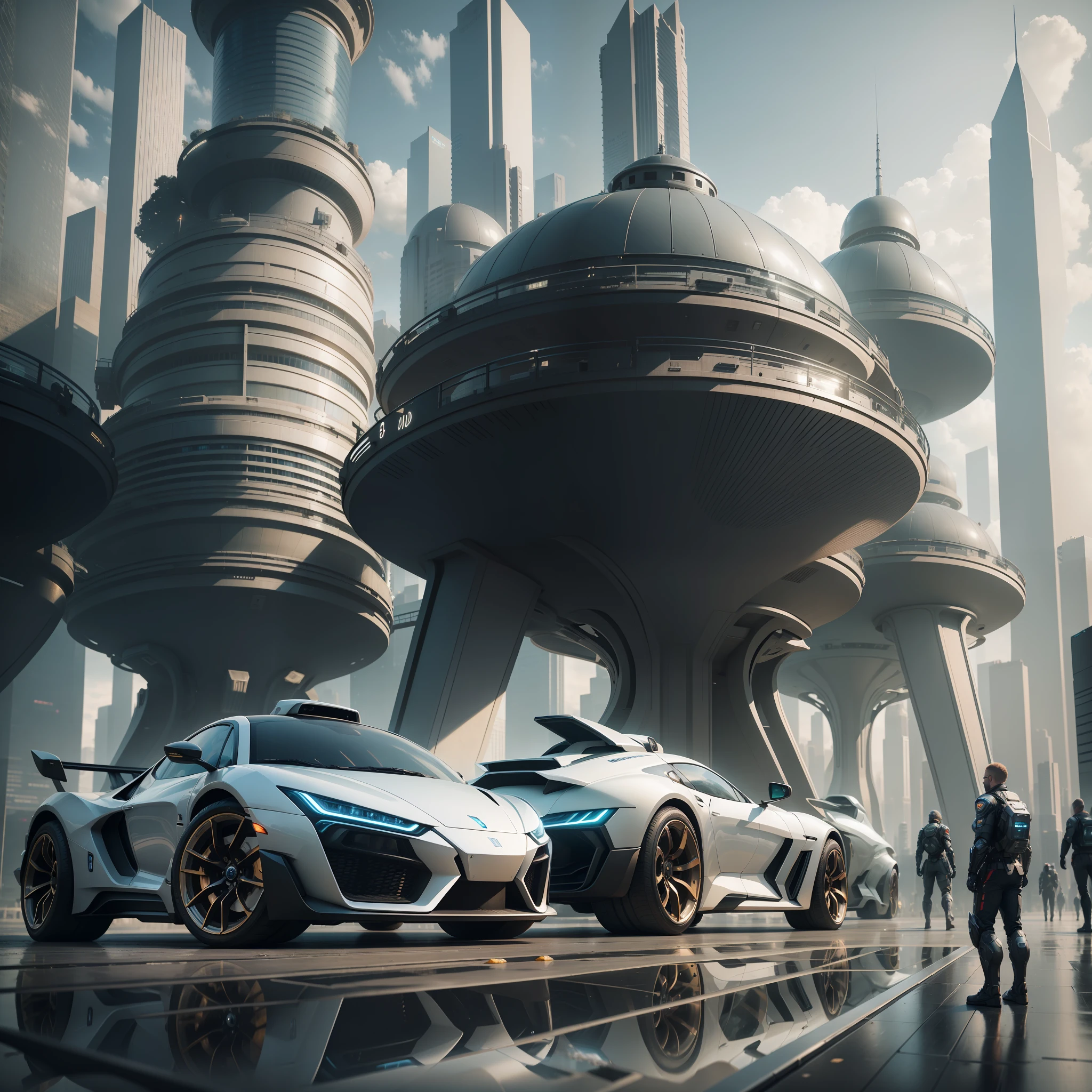 Ultra realistic futuristic city with cars of the future between people and robot, viator cars and spaceships in 3d