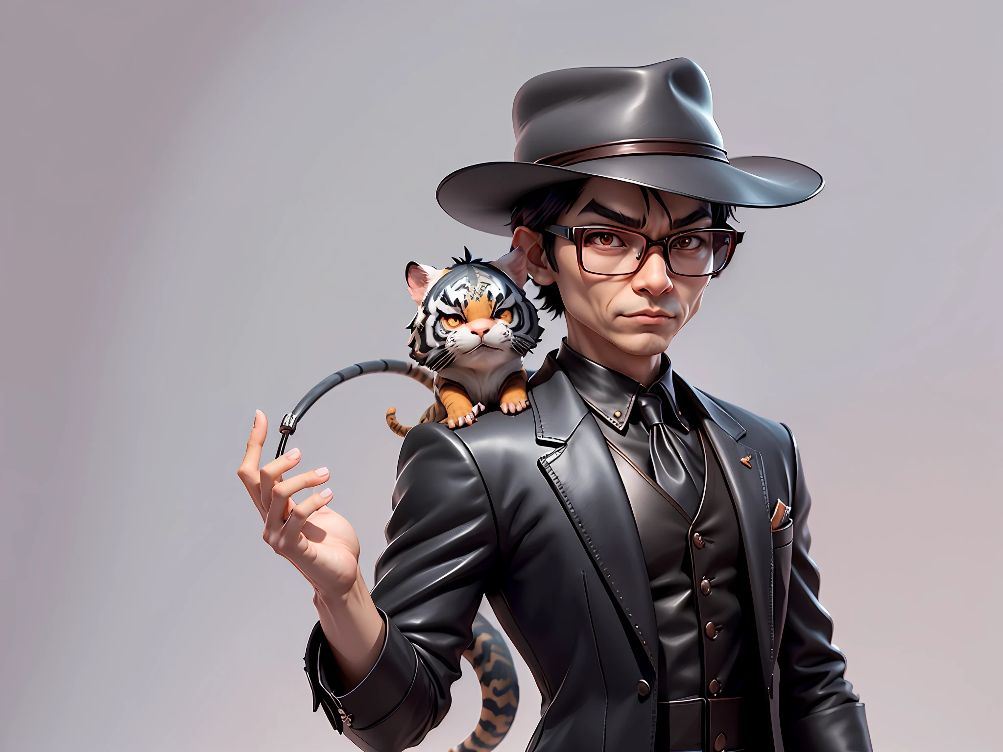 Young man with leather hat, tiger, dragon, oriental face in formal suit, short black hair, silver glasses, digital painting, 3D character design by Mark Clairedon and Pixar and Hayao Miyazaki and Akira Toriyama, the illustration is a high-definition illustration in 4K resolution with very detailed facial features and cartoon-style visuals.