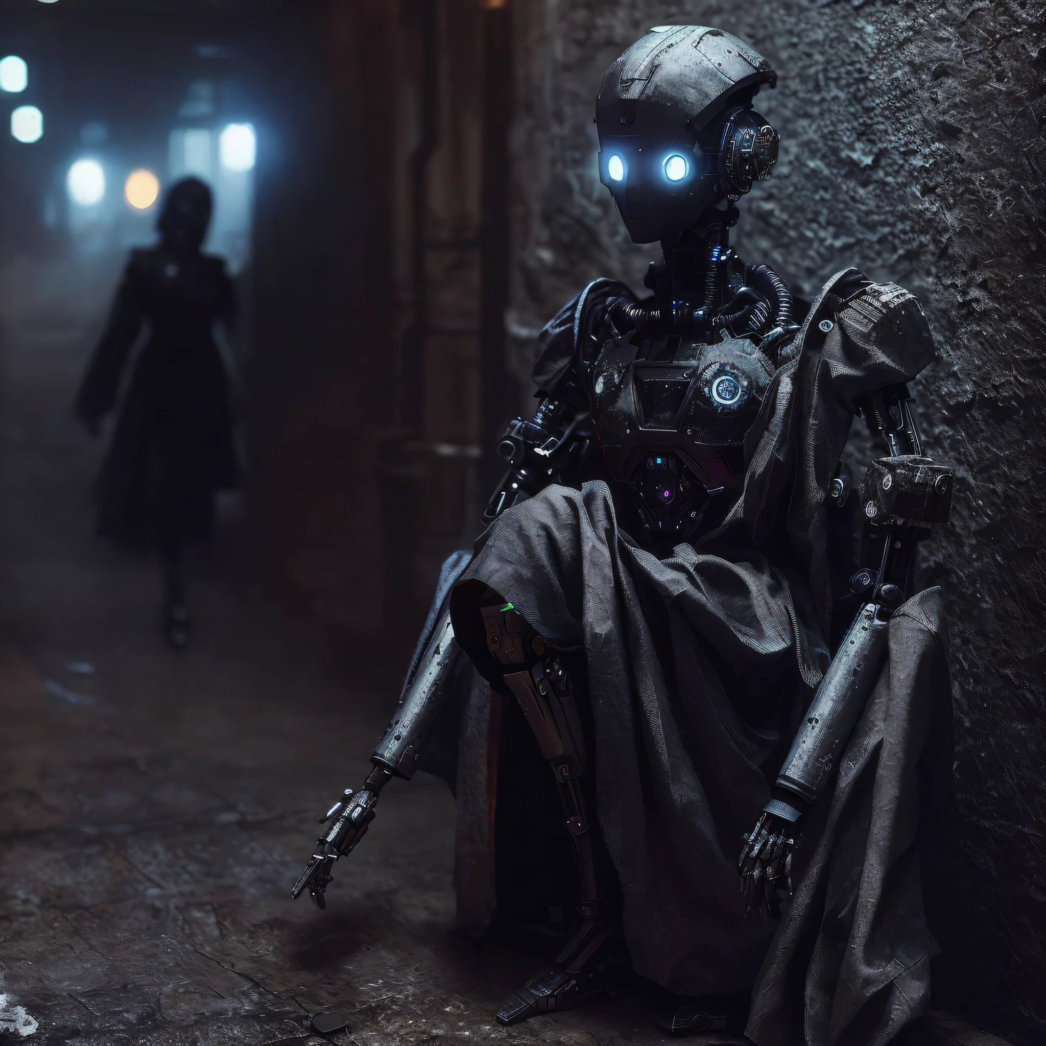 there is a robot sitting on a chair in a dark room, cyberpunk robot, deep cyberpunk mechanoid, robot photography, cyberpunk photo, orthodox cyberpunk, hyper-realistic cyberpunk style, fashionable cyberpunk mechanoid, cyberpunk robotic elvish queen, cyberpunk mechanoid, cyberpunk skeleton, in cyberpunk style, cyberpunk horror style, cyberpunk style , hyperrealistic, dark cyberpunk, gothic - cyberpunk