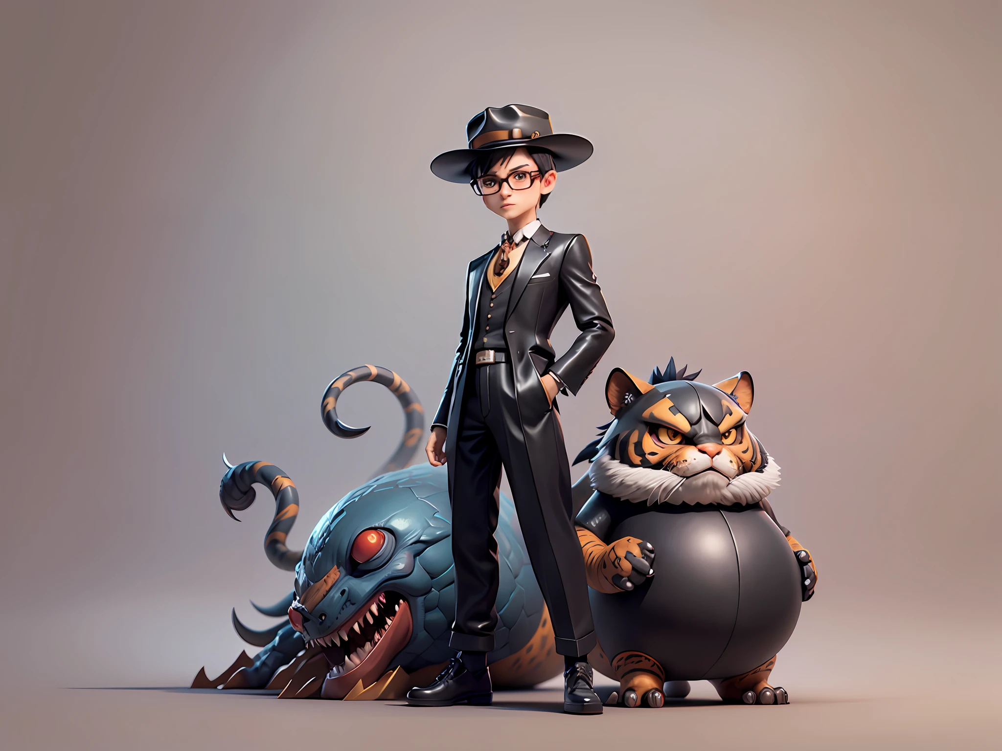 Young man with leather hat, tiger, dragon, oriental face in formal suit, short black hair, silver glasses, digital painting, 3D character design by Mark Clairedon and Pixar and Hayao Miyazaki and Akira Toriyama, the illustration is a high-definition illustration in 4K resolution with very detailed facial features and cartoon-style visuals.