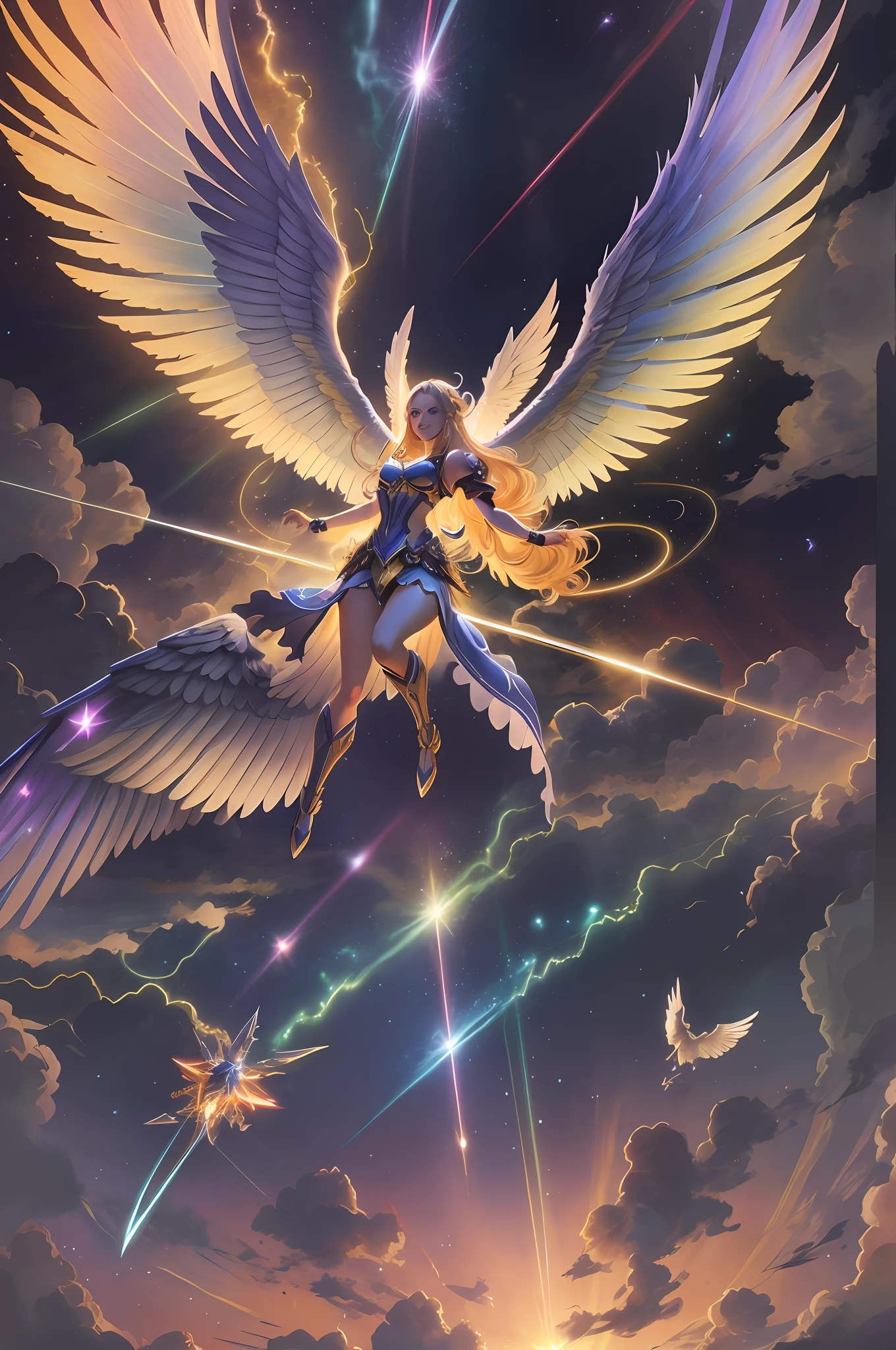 anime, a woman flying through the sky with a sword, beautiful face, detailed skin, face, like a mystical valkyrie, mystical valkyrie, anime fantasy art, beautiful angel, anime fantasy illustration, by Yang J, brilliant angelic being, super wide angel, artgerm julie bell beeple, majestic full-body angel, angel knight girl, 2. 5 d cgi anime fantasy art