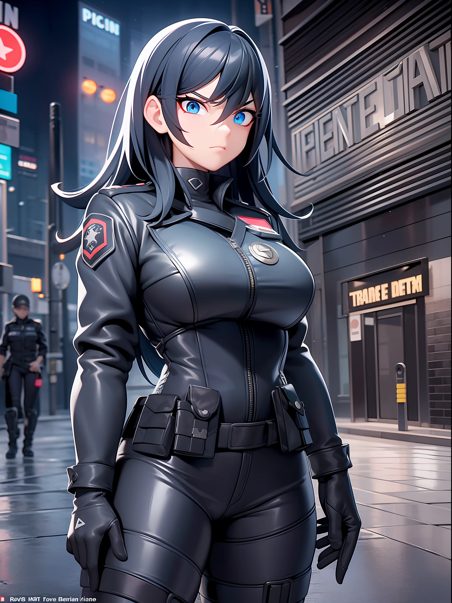 A brave police woman, wearing a black leather outfit tight to her body, with a shiny badge on her chest. His eyes show weariness, but also determination and perseverance. She is standing in the middle of a deserted and gloomy street, with tall buildings all around, creating an atmosphere of imminent danger. The dim lights of the city cast mysterious shadows, revealing only a few details: puddles of water on the street wet by recent rain, a flash of neon reflected in the windows, a danger sign flashing red. The setting conveys a sense of urgency as the police woman looks directly at the viewer, ready to face whatever challenge presents itself.