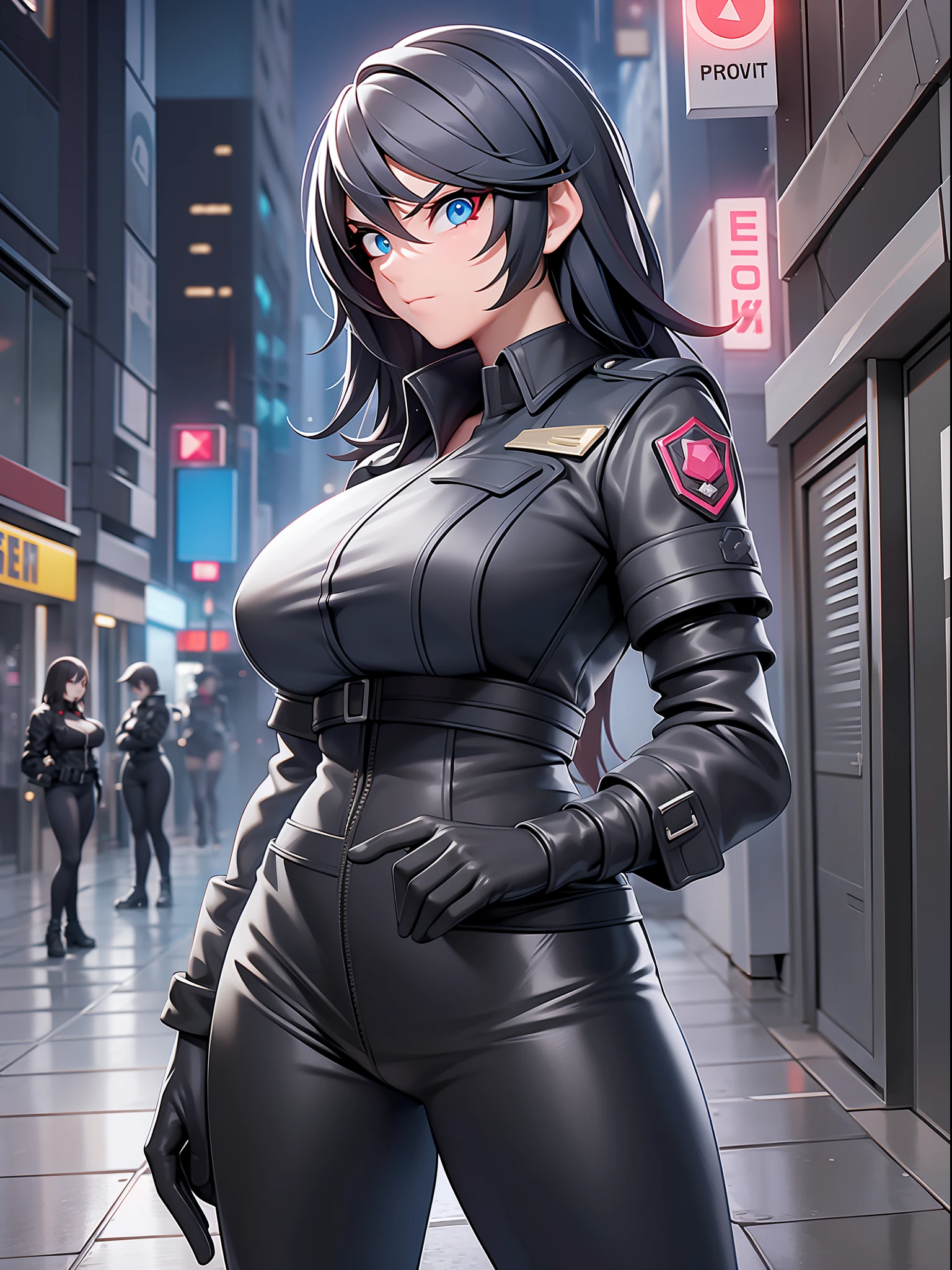 A brave police woman, wearing a black leather outfit tight to her body, with a shiny badge on her chest. His eyes show weariness, but also determination and perseverance. She is standing in the middle of a deserted and gloomy street, with tall buildings all around, creating an atmosphere of imminent danger. The dim lights of the city cast mysterious shadows, revealing only a few details: puddles of water on the street wet by recent rain, a flash of neon reflected in the windows, a danger sign flashing red. The setting conveys a sense of urgency as the police woman looks directly at the viewer, ready to face whatever challenge presents itself.