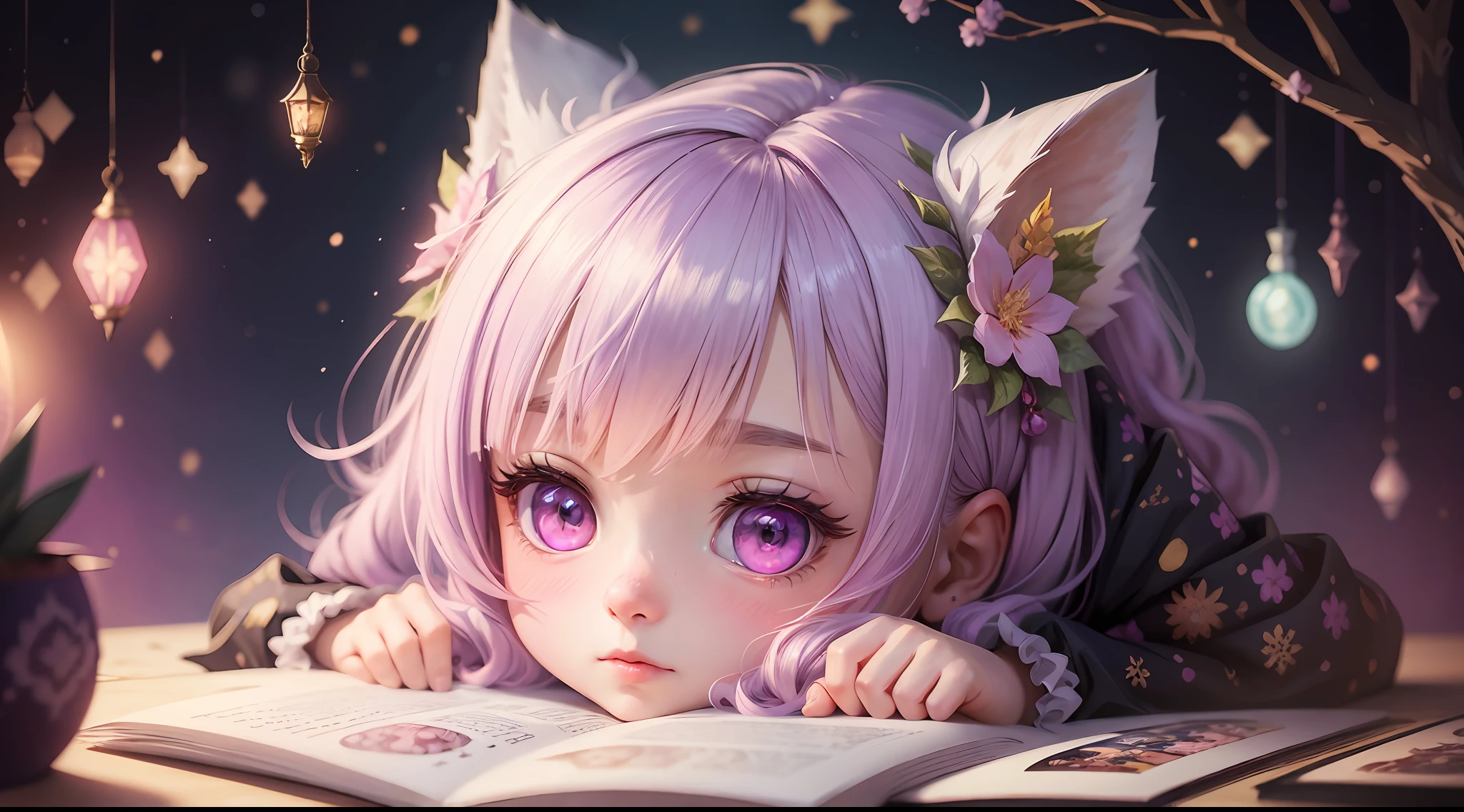 illustration of a cute girl, cute flowers, scary trees, manga style, kawaii, black, purple, pink, gold, freplace detailed, cute, kawaii, chibi, manga style, illustration, vintage style, epic light, fantasy, fantasy art, watercolor effect, bokeh, adobe illustrator, hand drawn, digital painting, low-poly, retro aesthetic, focus on character, 4k resolution, using 4d cinema, white outline, vivid printing, watercolor painting, illustration, 4k, manga style, detailed binding, detailed potions, Tim Burtons The night before Christmas