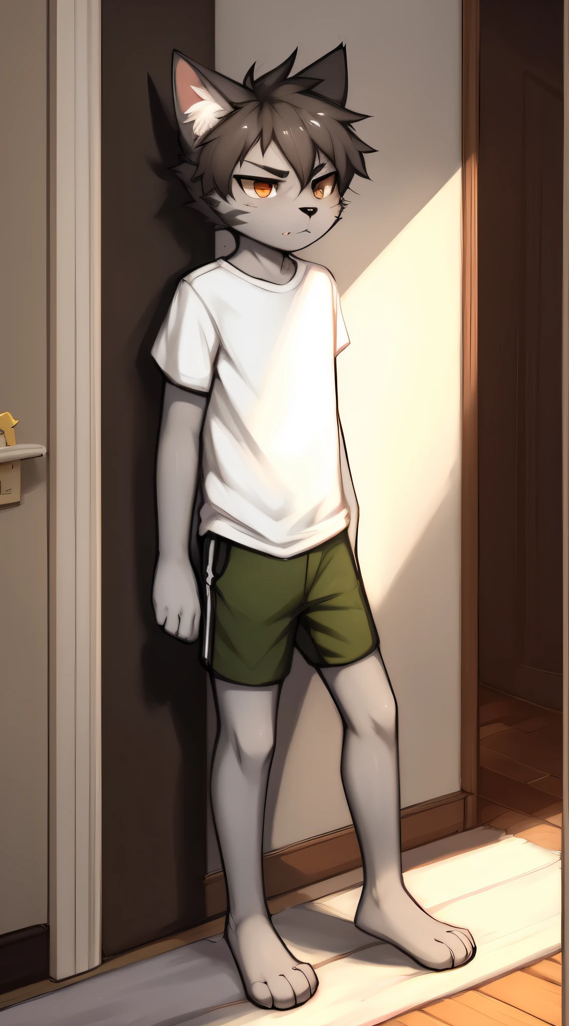 by zackary911, zackary911, cat, antrum, ((gray skin)), -yeld bobadly faced, angry expression, solo, background inside a house, white shirt, standing, brown eyes, perfectly detailed eyes, extremely detailed body, perfectly detailed paws, black nose, perfectly detailed hands, long knee-length green shorts, barefoot, perfectly detailed face, paws