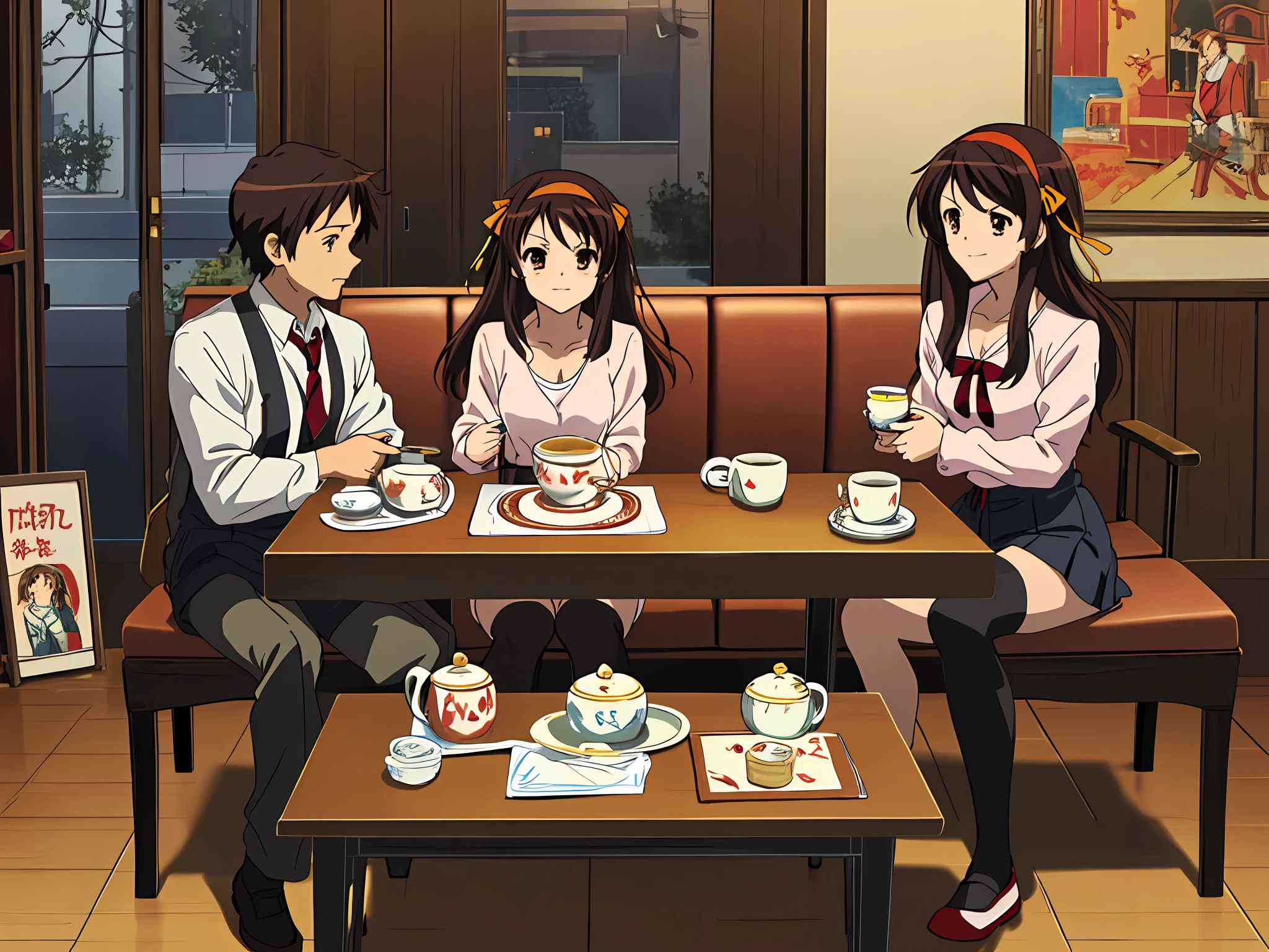 masterpiece, best quality, high definition, 1girl, solo, one, superhero, ((shirt, red shirt, black tie, red shirt with black tie)), stockings, brown hair, short hair, brown eyes, hair headband, medium hair, ribbon, shoes, matching shoes, medium chest, sitting, crying, tears, tears, screaming, sad, smiling, in the room, Haruhi Suzumiya, Kyoani Haruhi style, autumn, winter, cloudy, holding a mug of tea,  tea, drinking tea, mug of tea
