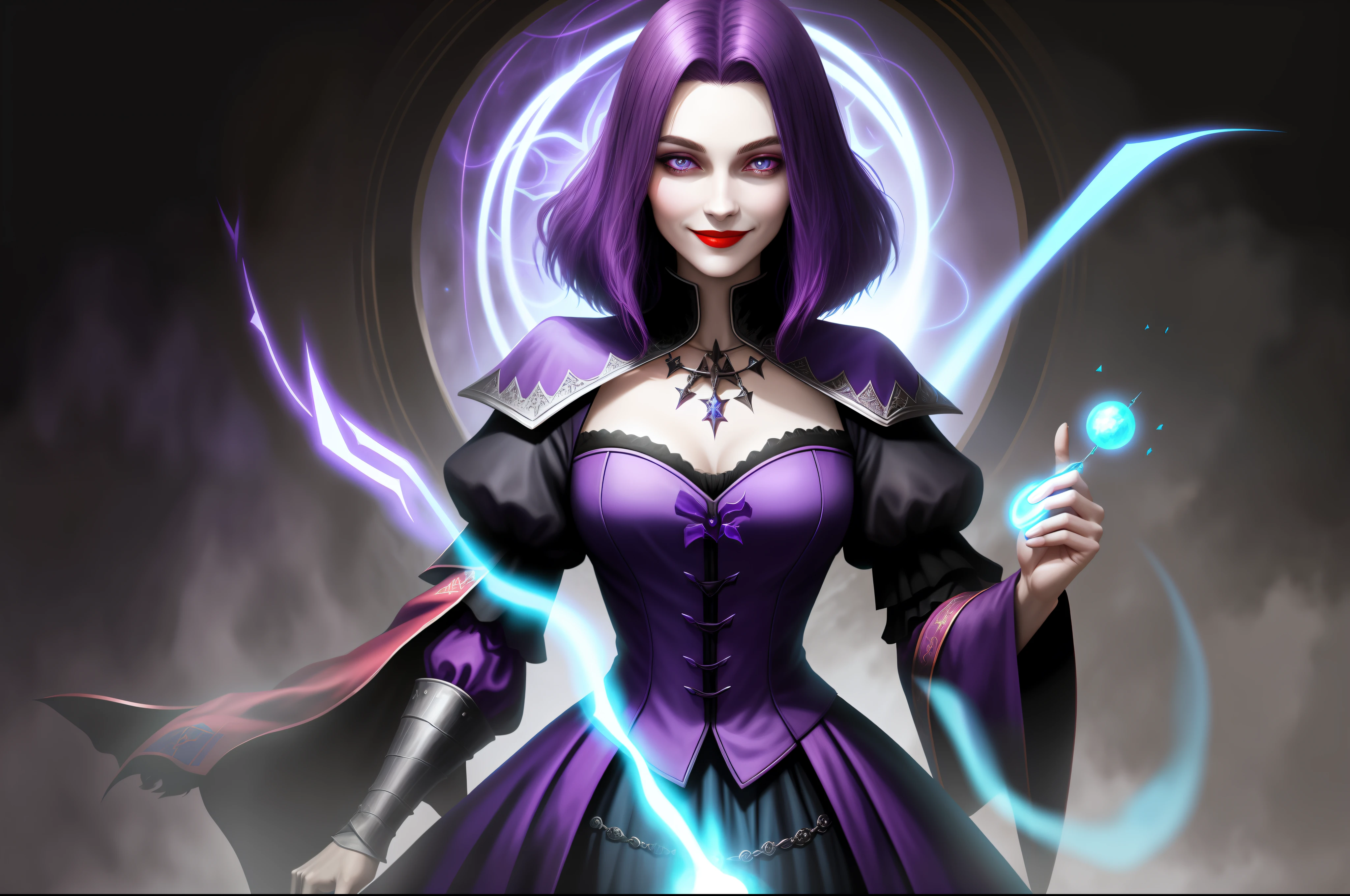 Portrait of adult medieval necromancer magician: short dark purple straight hair without bangs with smile, red lipstick with light blue eyes and round face