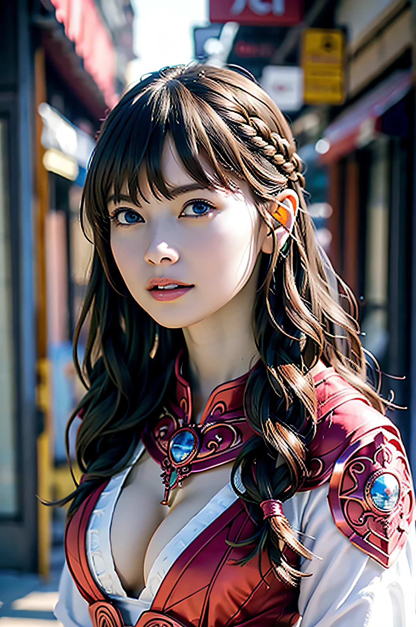 Ultra detailed complex 3D rendering of face, (Colossal: 7.8), (masterpiece, top quality, octane rendering, 8K), glamour shot full body image, very beautiful young elf, cleavage, (very detailed skin: 1.2), (exposure: 1.1), beautiful Caucasian woman with full soft breasts and white skin with big buttocks, one, micro bikini, long braided red hair, big breasts, Wearing intricate super armor of gold and blue, ultra-realistic photos (((portrait))), wearing intricate pink cape, bare feet, futuristic urban background, facial muscles, in the style of Marvel Comics, ArtStation trends, clear focus, studio photography, intricate detail, highly detailed, detailed blue eyes, illustration, very detailed, sharp focus, Digital Rendering, Professional, Abs