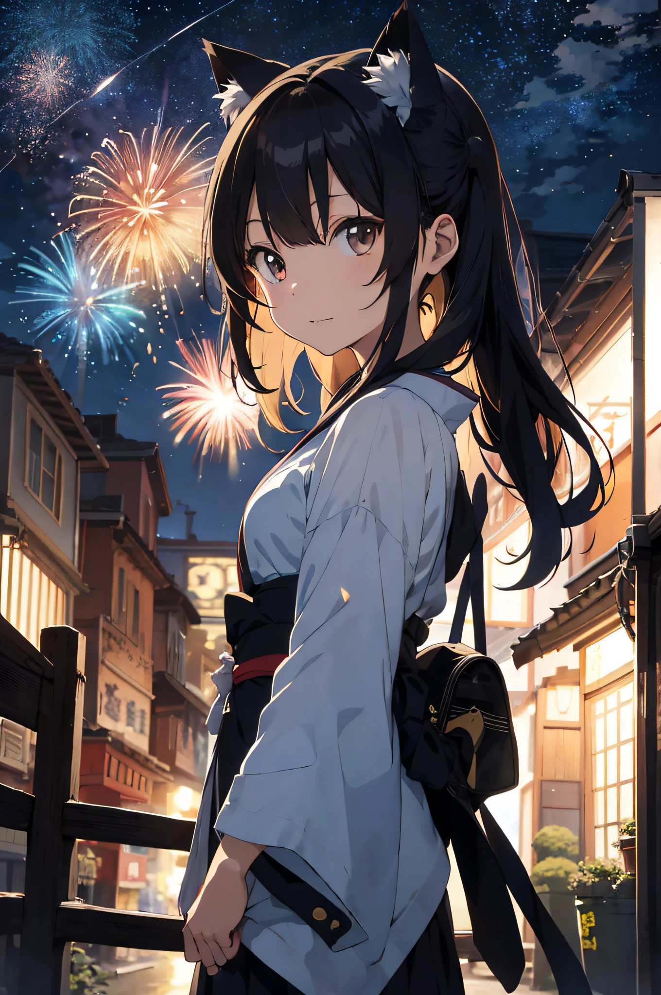 Anime cat ear girl in kimono clothes with cat ears, shoulder looking, anime drawing by Yang J, pixiv contest winner, serial art, digital anime illustration, kawashi, anime style illustration, anime style 4K, beautiful anime portrait, anime style portrait, anime style artwork, Guweiz style artwork, Anime Illustration, Digital Anime Art, Detailed Digital Anime Art, Beautiful Starry Sky, Fireworks