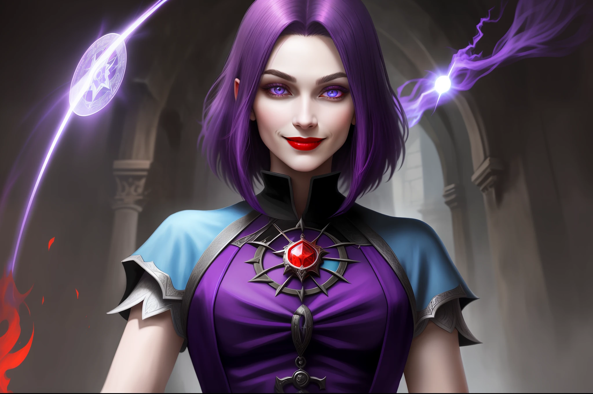 Portrait of adult medieval necromancer magician: short dark purple straight hair without bangs with smile, red lipstick with light blue eyes and round face