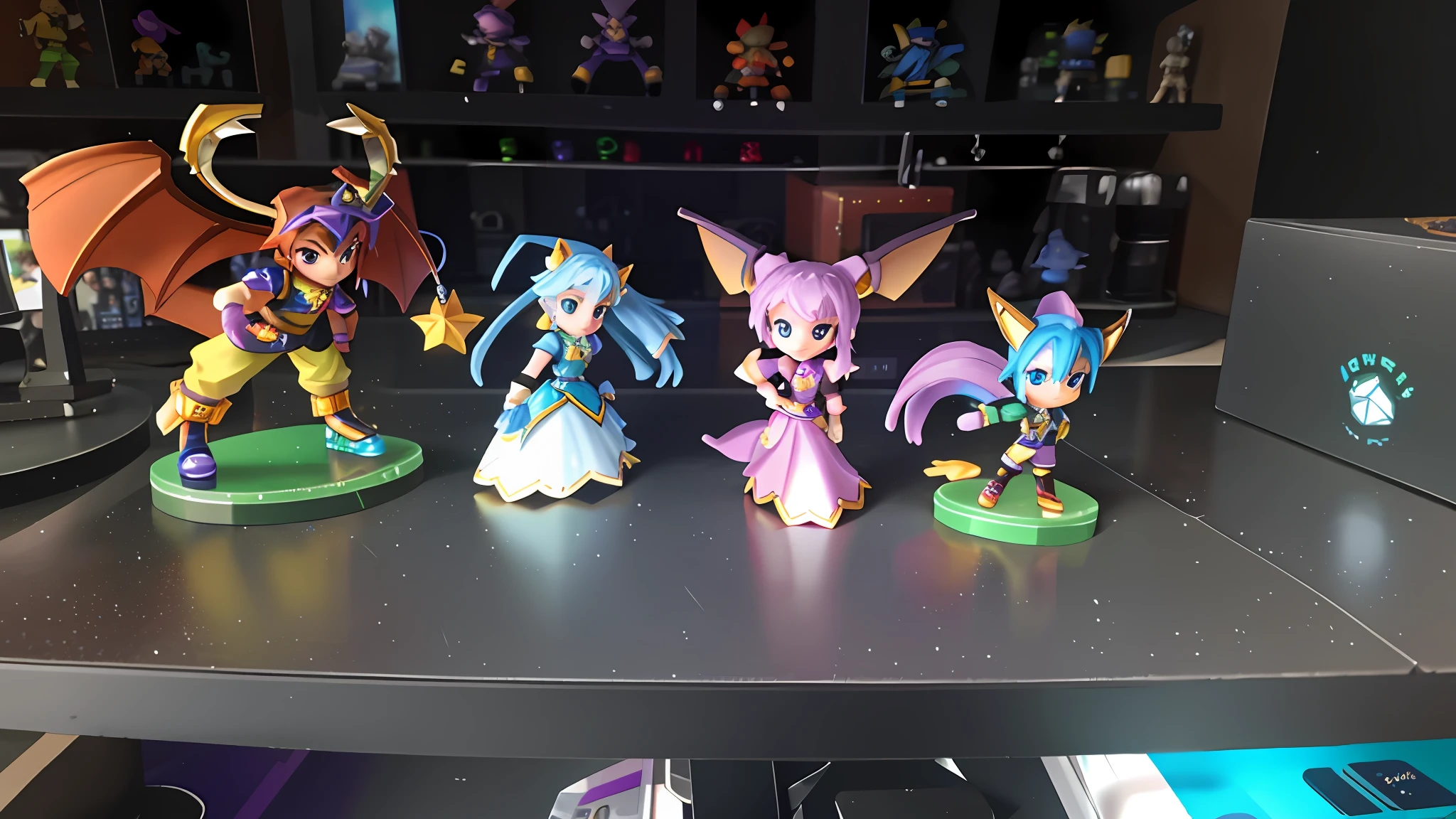 there are five figurines of different types on a table, toys figures, game characters, :3, gamer, spyro the dragon, battle stand, games 3 d, r / paintedminis, spyro, ratchet and clank, toy photo, gaming, video game item, monster statues, lot of detail, figurines, medium poly, slightly blurred