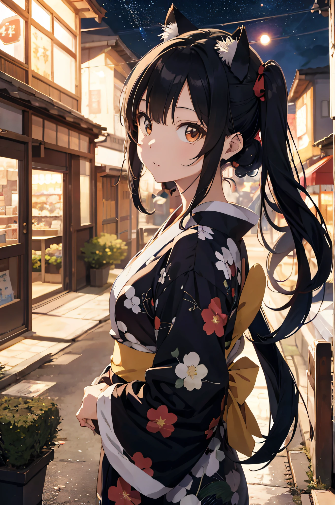 Anime cat ear girl in kimono clothes with cat ears, shoulder looking, anime drawing by Yang J, pixiv contest winner, serial art, digital anime illustration, kawashi, anime style illustration, anime style 4K, beautiful anime portrait, anime style portrait, anime style artwork, Guweiz style artwork, Anime Illustration, Digital Anime Art, Detailed Digital Anime Art, Beautiful Starry Sky, Fireworks