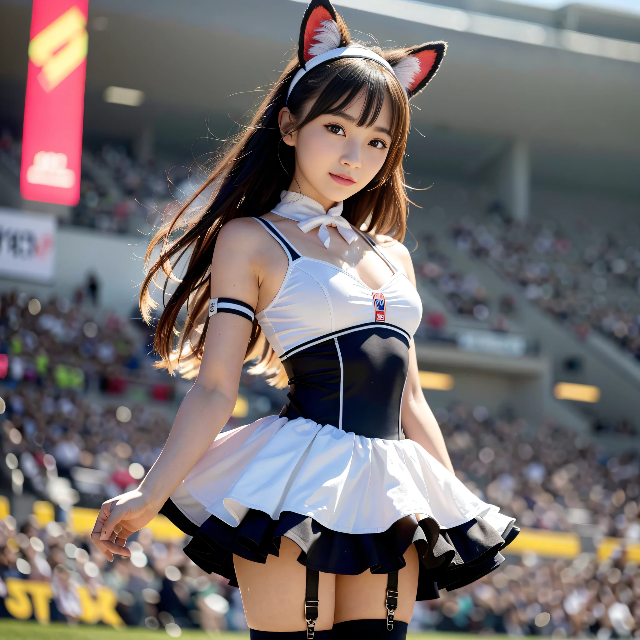 (8k, masterpiece, best quality, high resolution, photorealistic, hyper_detail, real girl), (1girl), in a densely drawn stadium, cheerleading costume, (body wet with sweat, face wet with sweat: 1.3): 0.2, model figure, ruffled miniskirt, knee-high boots, beautiful Japan woman of 20 years old, very detailed face, double eyelids, Makeup, lip gloss, super-densely drawn body, ultra-dense arms, ultra-dense hands, ultra-dense feet, face in focus, standing, small face, full body from a little distance, sharp focus, shortcut, facing forward and facing the viewer, bright lighting on the face, wearing a garter belt, fox ear headband, eight-headed body, constricted waist, shy smile, blush, Bishojo、parted_lips