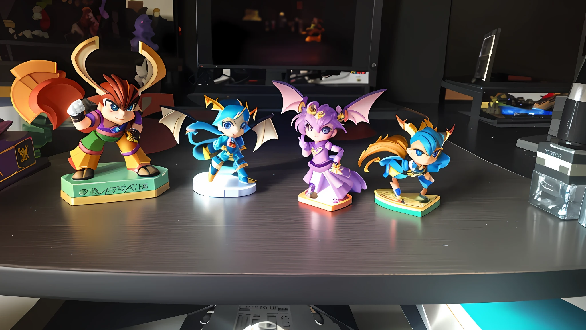 there are five figurines of different types on a table, toys figures, game characters, :3, gamer, spyro the dragon, battle stand, games 3 d, r / paintedminis, spyro, ratchet and clank, toy photo, gaming, video game item, monster statues, lot of detail, figurines, medium poly, slightly blurred