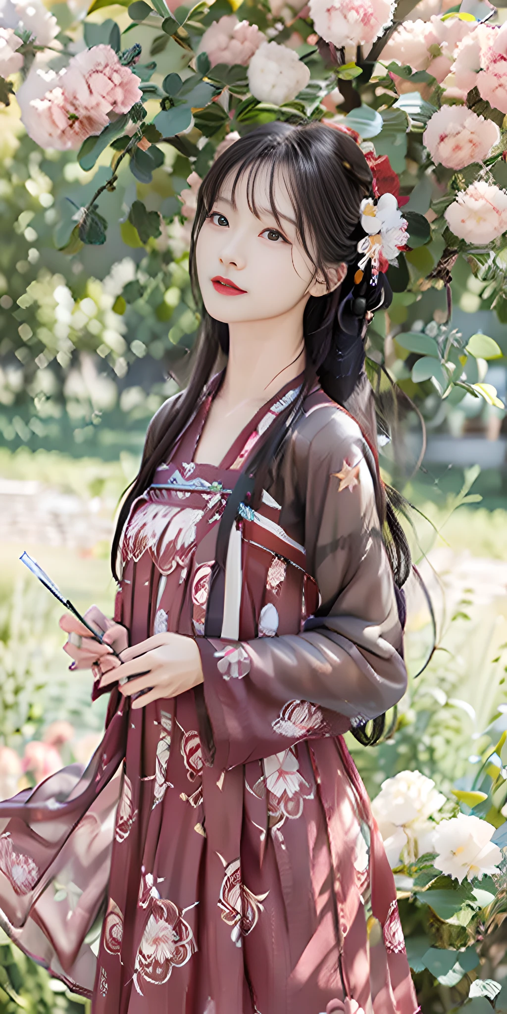 Masterpiece, black_hair, 1 Girl, Looking at the Audience, long_hair, nail_polish, Solo, Ancient Art, Chinese, (8K, Best Quality, Masterpiece: 1.2), (Realistic, Realistic:1.2), (Background Sky: 1.2), (Bust Photo: 1.7), Looking at the Audience, Hanfu, 1girl, (Red Flower Pine Ink: 1.1), Close-up of the face, Detailed face, Hanfu, Tang system, Chest-length skirt, pleated skirt,cinematic lighting, motion blur, ray tracing, god rays, bloom, drop shadow, close-up, lens flare, UHD, masterpiece, ccurate, anatomically correct, textured skin, super detail, high details, high quality, award winning, best quality, highres, 16k, HD, accurate, correct hand, (anatomically correct: 1.5),