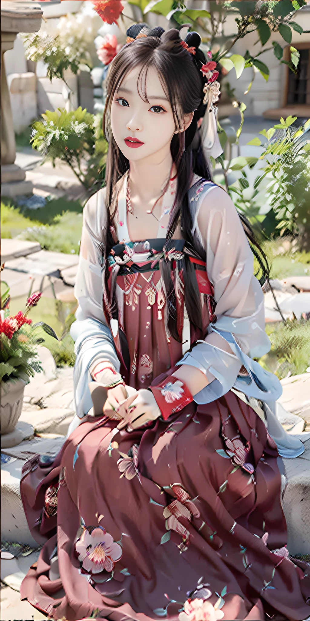 Masterpiece, black_hair, 1 Girl, Looking at the Audience, long_hair, nail_polish, Solo, Ancient Art, Chinese, (8K, Best Quality, Masterpiece: 1.2), (Realistic, Realistic:1.2), (Background Sky: 1.2), (Bust Photo: 1.7), Looking at the Audience, Hanfu, 1girl, (Red Flower Pine Ink: 1.1), Close-up of the face, Detailed face, Hanfu, Tang system, Chest-length skirt, pleated skirt,cinematic lighting, motion blur, ray tracing, god rays, bloom, drop shadow, close-up, lens flare, UHD, masterpiece, ccurate, anatomically correct, textured skin, super detail, high details, high quality, award winning, best quality, highres, 16k, HD, accurate, correct hand, (anatomically correct: 1.5),