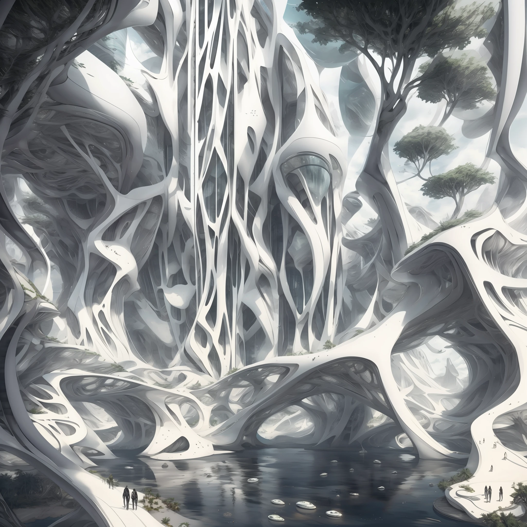 Airbrush drawing --v 5.1 style Futuristic design of an awesome sunny day environment concept art on a futuristic terrain with huge waterfalls,streams, mangroves,nature architecture, proportional,detailed,bright clouds, nature meets futuristic architecture by Santiago Calatrava and Vincent Callebaut with futuristic development, high rise made up staircases, balconies, full of composite glass facades, residential spaces carved from cliff side ,trending on artstation, beautiful lighting,In the style , fantasy, intricate, award winning, 4k, highest quality