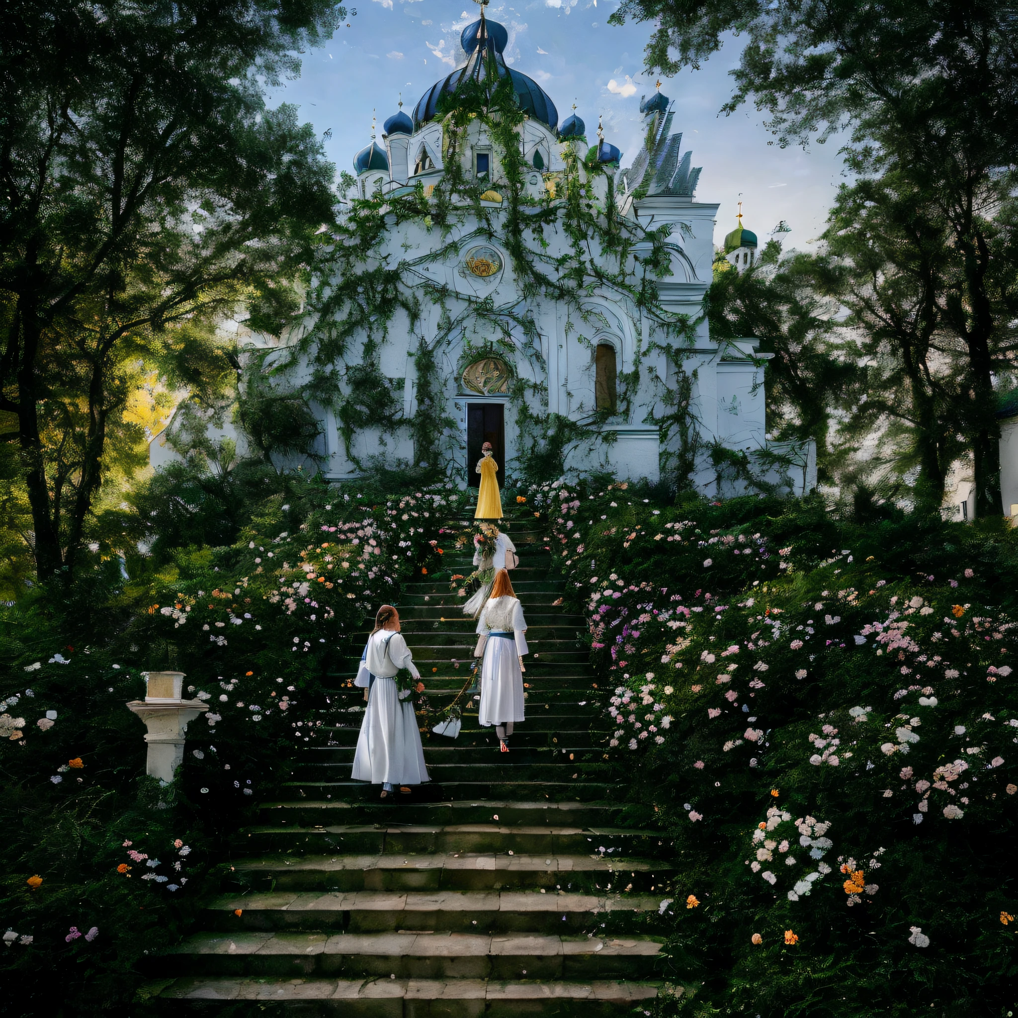 At the back of the picture is a beautiful white castle-like Ukrainian Orthodox building covered with ivy, women in Ukrainian national costumes climbing stairs, peaceful landscape, afternoon light, soft afternoon sunlight shining from behind the trees. People climbing the stairs to the church, many flowers of various colors blooming on both sides of the stairs, lush greenery, Ukraine, holy rites, path of flowering to heaven, opening scene, Sergei Zabelin, Holy Land, Slavic epic, Midsommar-T, by Zlac Boyadiev, Midsommar, Stairway to Heaven, by Kurt Roche, Andrei Gordeev, by Aleksander GyerimskyHigh Quality, Photopical, Masterpiece