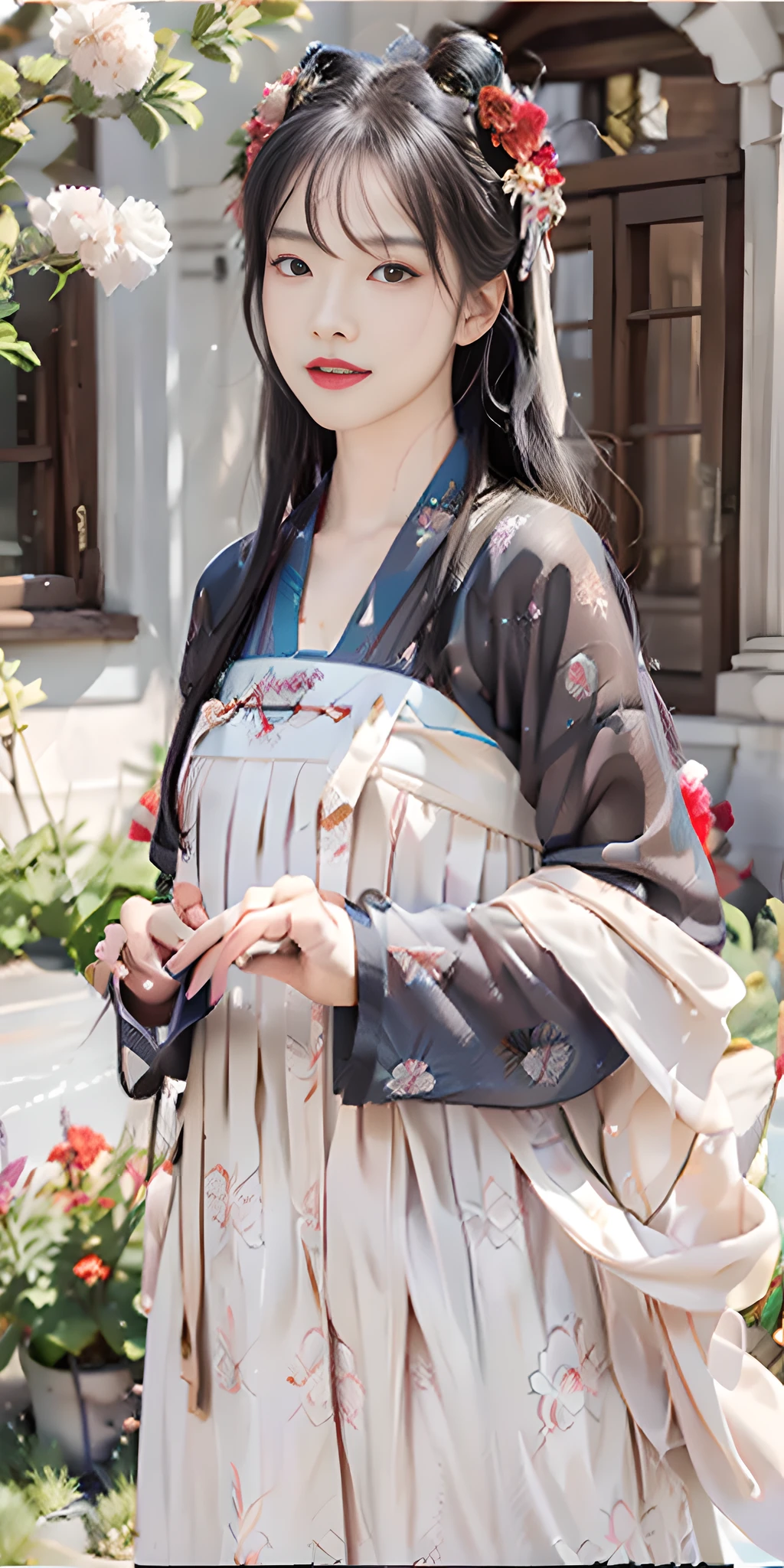 Masterpiece, black_hair, 1 Girl, Looking at the Audience, long_hair, nail_polish, Solo, Ancient Art, Chinese, (8K, Best Quality, Masterpiece: 1.2), (Realistic, Realistic:1.2), (Background Sky: 1.2), (Bust Photo: 1.7), Looking at the Audience, Hanfu, 1girl, (Red Flower Pine Ink: 1.1), Close-up of the face, Detailed face, Hanfu, Tang system, Chest-length skirt, pleated skirt,cinematic lighting, motion blur, ray tracing, god rays, bloom, drop shadow, close-up, lens flare, UHD, masterpiece, ccurate, anatomically correct, textured skin, super detail, high details, high quality, award winning, best quality, highres, 16k, HD, accurate, correct hand, (anatomically correct: 1.5),
