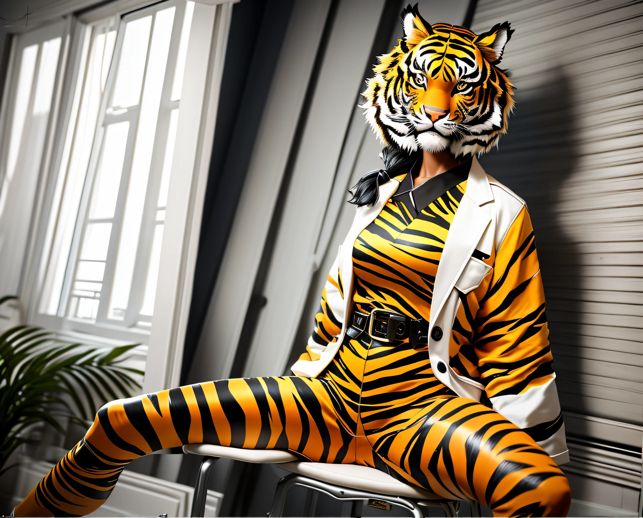 painting of a woman with a tiger mask sitting on a chair, inspired by Koson Ohara, ((tiger)), anthropomorphic tiger, only dressed in a . painting of , (sfw) safe for work, inspired by Cindy Sherman, tiger_beast