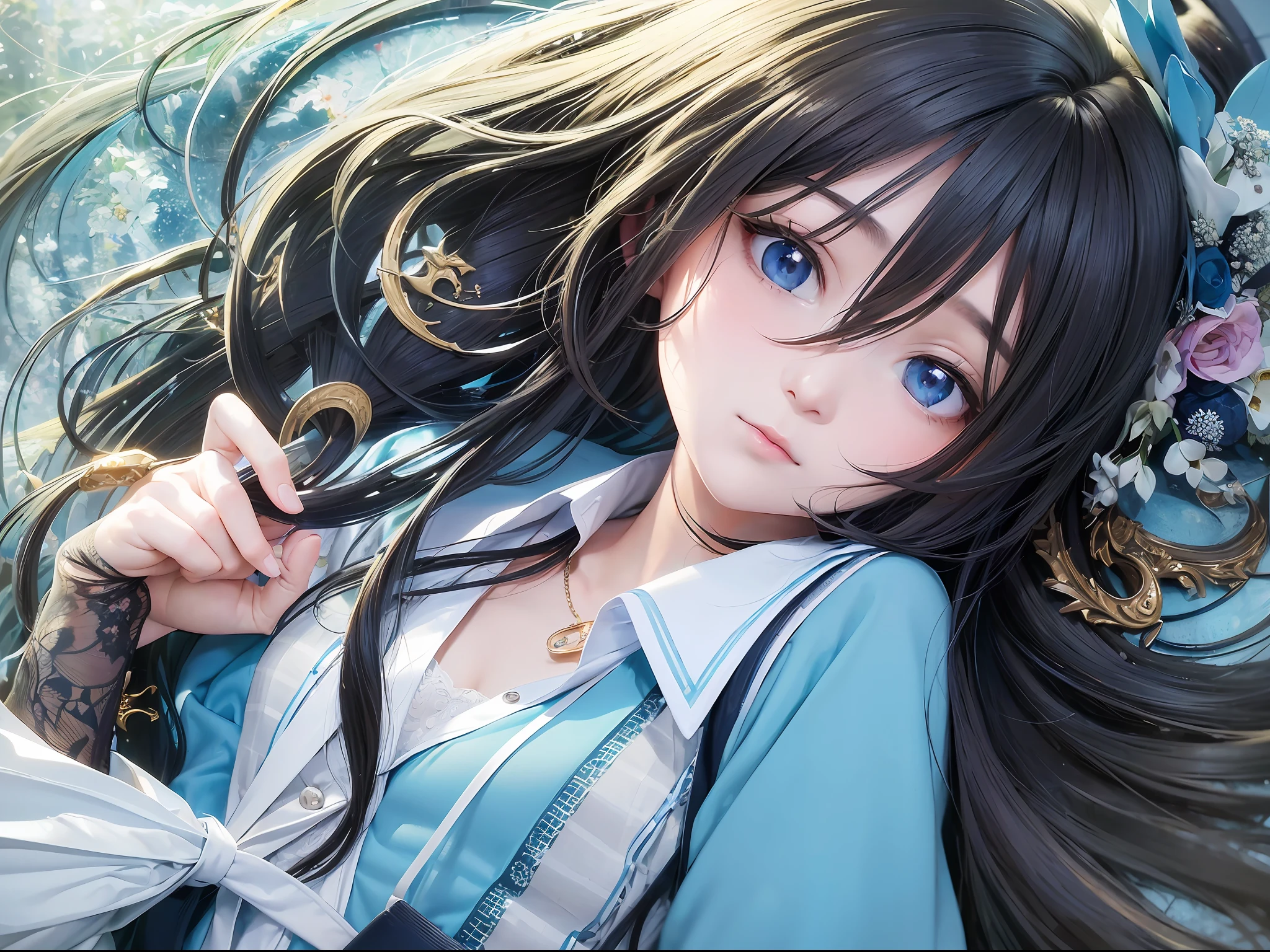 (masterpiece, highest quality, best quality, formal art, beautiful and aesthetic: 1.2), (1girl), ,extremely detailed eyes, (fractal art: 1.3), colorful, highest level of detail, (perfect face), shiny skin, HDR) ,looking ahead, lying, lying on the desk, ((black hair)), (pale skin))), curly hair, (long hair), light blue eyes, ((school uniform)), classroom,blue sky, (((closely)))