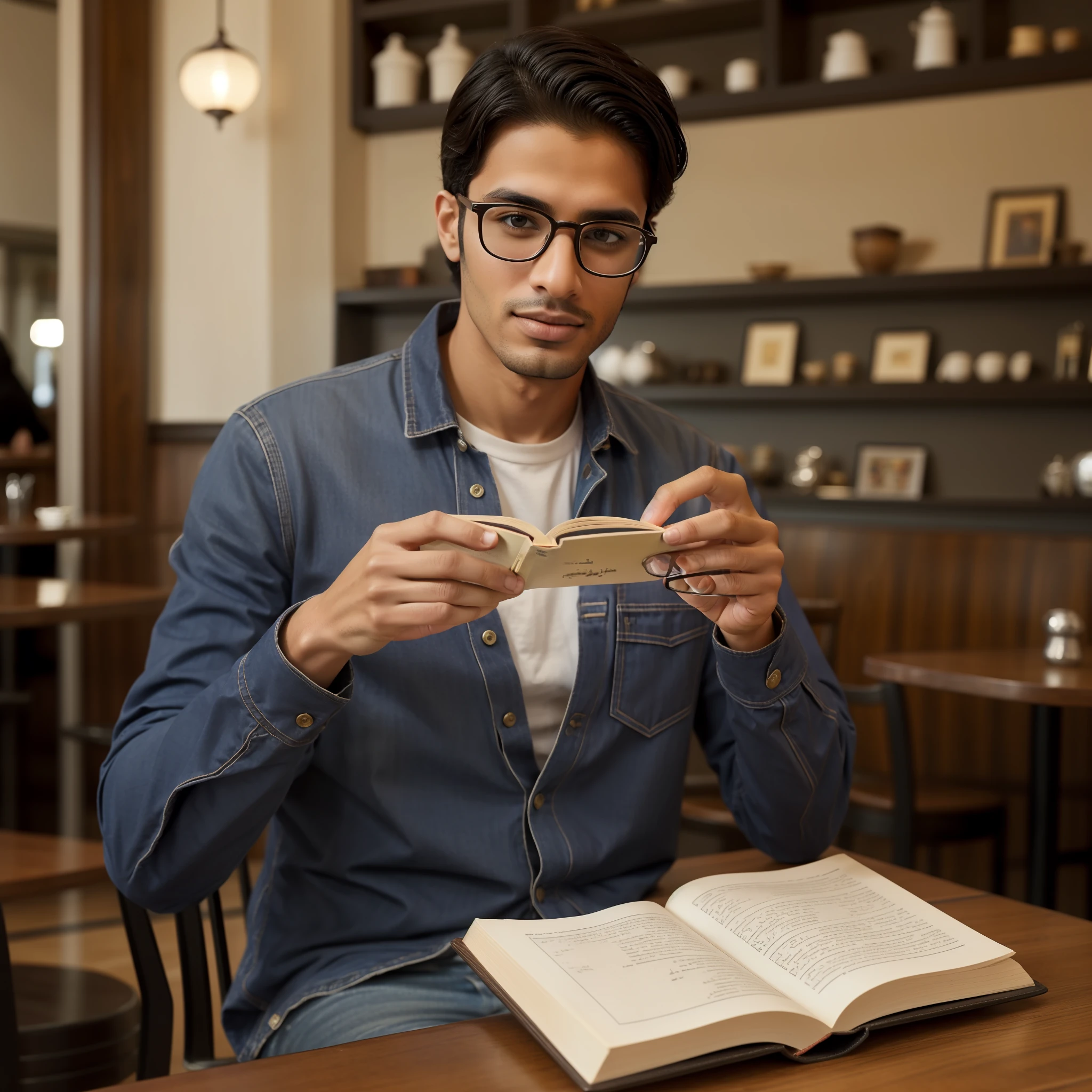 (best quality), realistic, (supermodel:1.2) nerdy male ~(arab_ethnicity)~ [(arab:1.2) ethnicity], (reading_glasses) reading a book in a cafe.