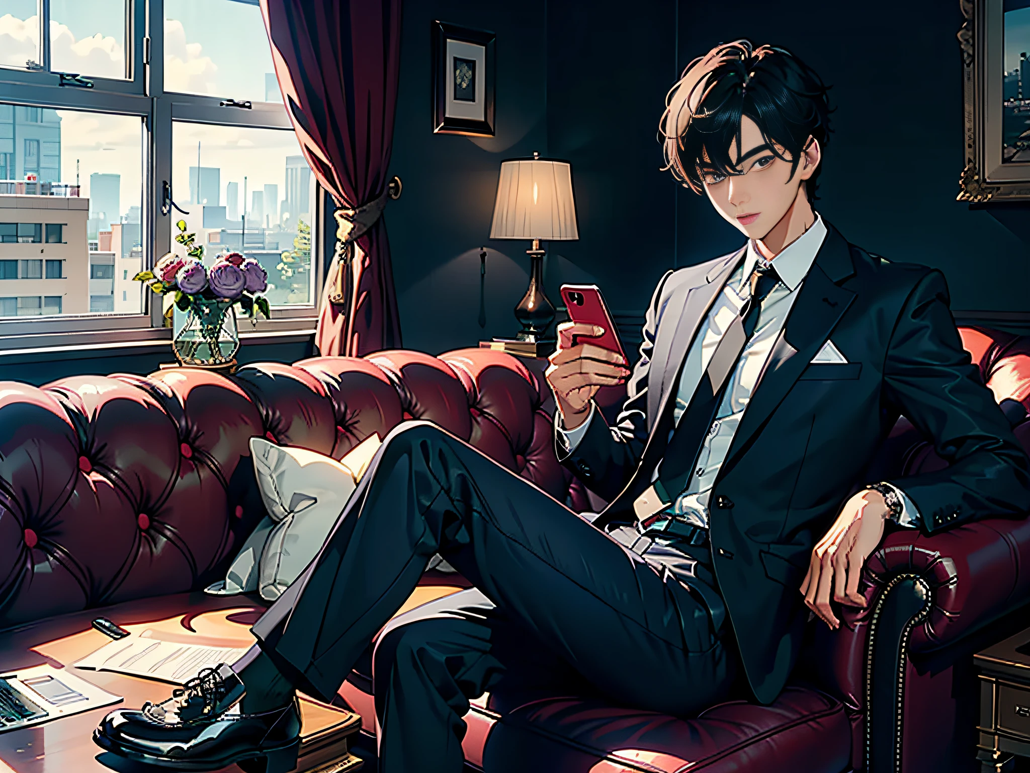 A handsome boy, 20 years old, sitting on a luxury sofa in the office, behind a floor-to-ceiling window, a serious face, looking at the mobile phone in his hand, eyes looking at the mobile phone, wearing a black suit and shirt,
