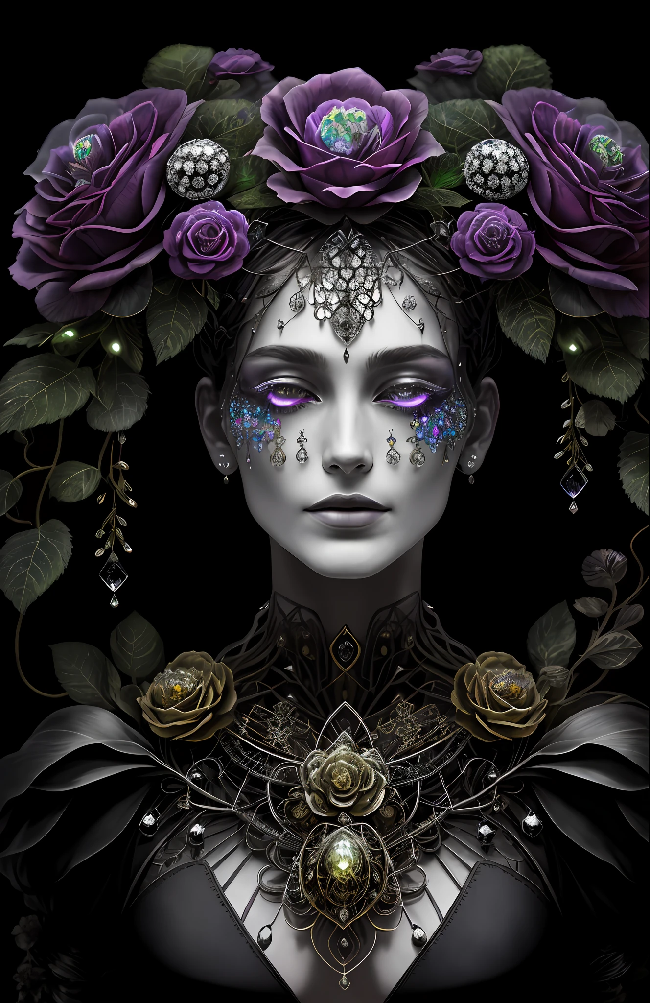 "Rosen maiden, (masterpiece, best quality), (illustration), strange fungal disease dense forest, transparent sticky substance, caustics, crystals, close-up, intricate details, dark background, sparkling spores, rainbow crystals, darkness", made of metal, cyborg: 1.1, [detailed wire]: 1.3, (complex details), HDR, (complex details, hyperdetailed: 1.2),