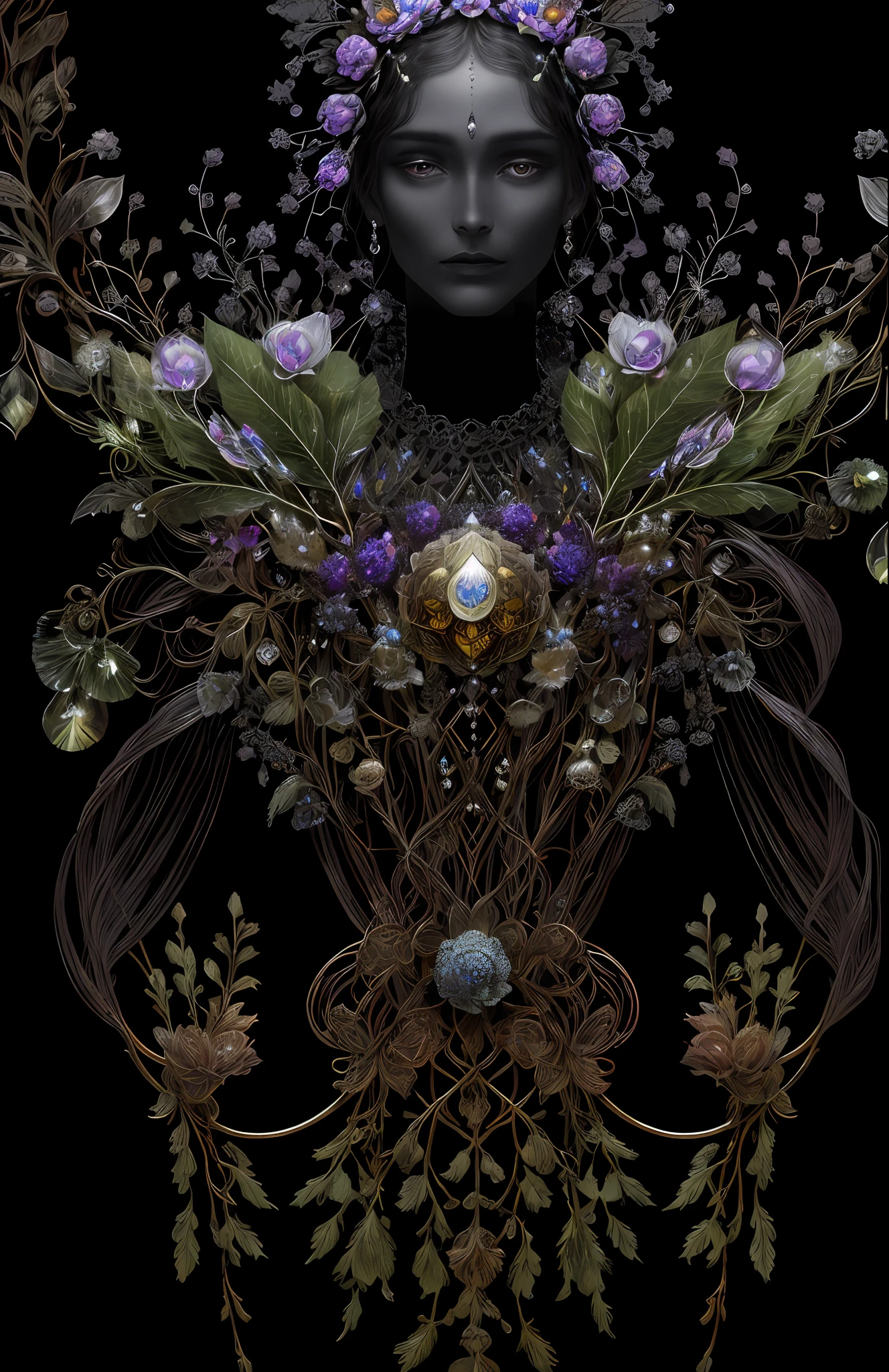 "Rosen maiden, (masterpiece, best quality), (illustration), strange fungal disease dense forest, transparent sticky substance, caustics, crystals, close-up, intricate details, dark background, sparkling spores, rainbow crystals, darkness", made of metal, cyborg: 1.1, [detailed wire]: 1.3, (complex details), HDR, (complex details, hyperdetailed: 1.2),