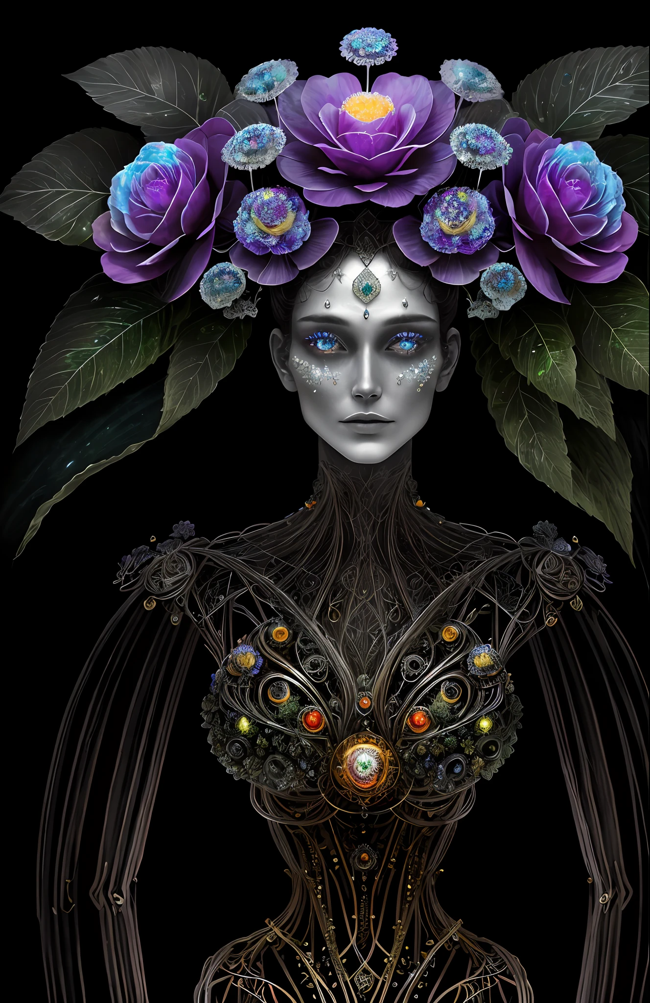 "Rosen maiden, (masterpiece, best quality), (illustration), strange fungal disease dense forest, transparent sticky substance, caustics, crystals, close-up, intricate details, dark background, sparkling spores, rainbow crystals, darkness", made of metal, cyborg: 1.1, [detailed wire]: 1.3, (complex details), HDR, (complex details, hyperdetailed: 1.2),