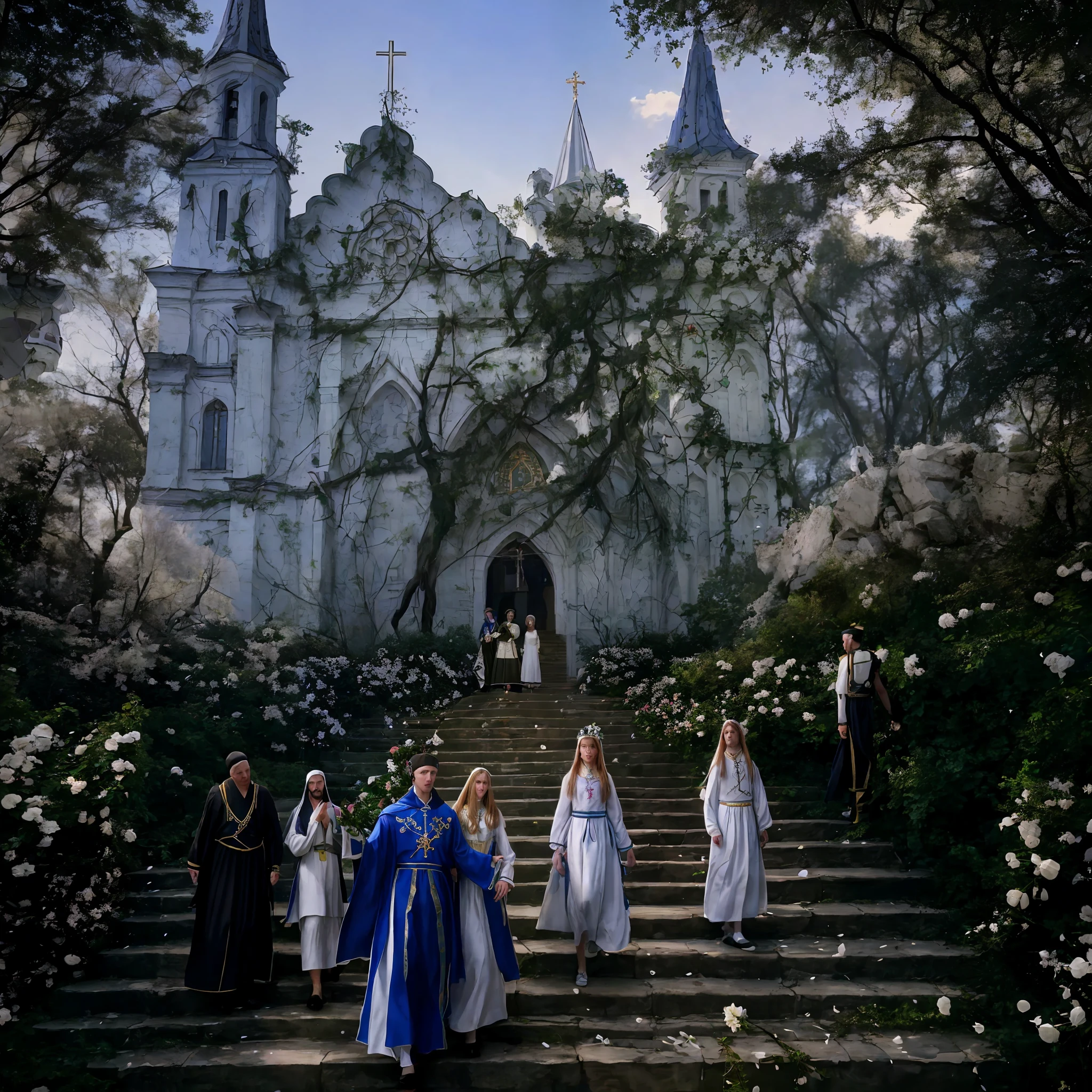 Against the background of the clear blue sky, there is a beautiful white church covered with ivy at the back of the screen, there are people going down the stairs, women in Ukrainian national costumes, men in Ukrainian national costumes, there are many flowers on both sides of the stairs, afternoon light, peaceful atmosphere, rich nature, the path of flowering to heaven, opening scene, Sergei Zabelin, Holy Land, Slavic epic, Midsommar - T, by Zlač Boyadziev, Midsommar, Stairway to Heaven, by Kurt Roche, Andrey Gordeev, Aleksander Gyerimsky