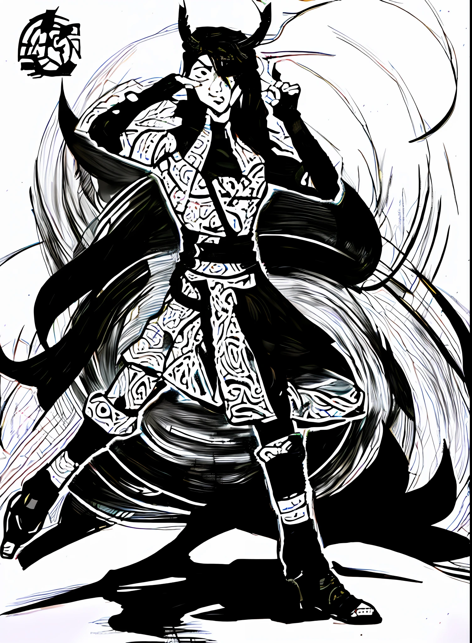 a drawing of a man in a black and white outfit holding a sword, sumi ink style, inspired by Yang Jin, inspired by Shen Zhou, inspired by Huang Shen, inspired by Chen Jiru, full body wuxia, inspired by Wu Li, inspired by Hu Zaobin, akira from chinese mythology, inspired by Fan Kuan, black and white manga style