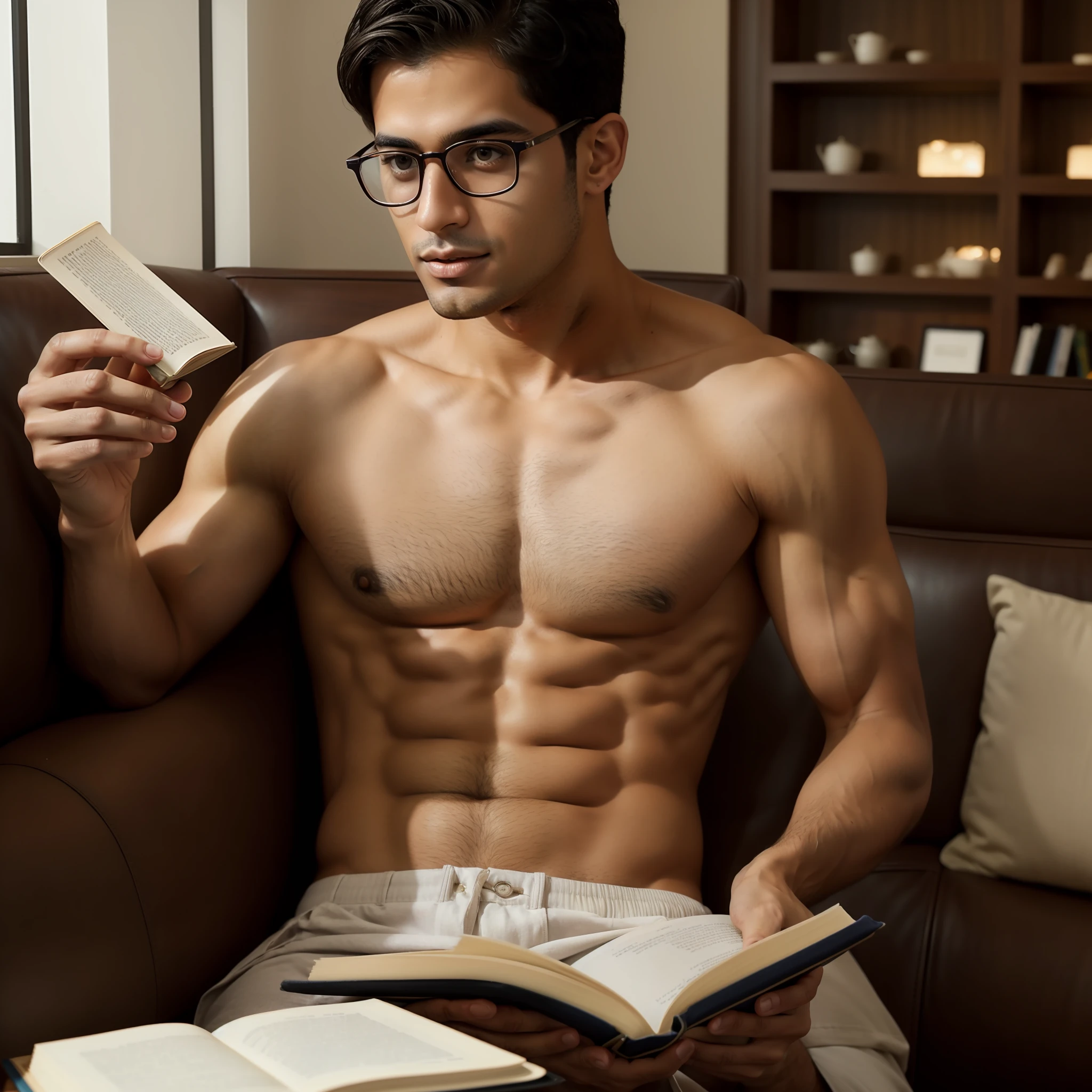 (best quality), realistic, (supermodel:1.2) nerdy male ~(arab_ethnicity)~ [(arab:1.2) ethnicity], (reading_glasses) reading a book in a cafe. Double cleft chin, shirtless