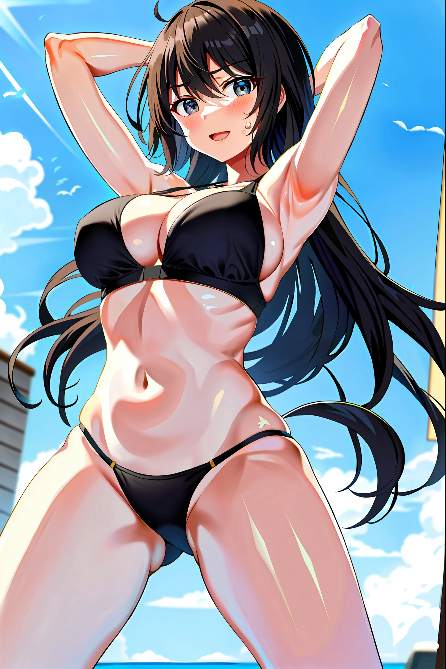Black bikini, large breasts, arms raised, leaky armpits