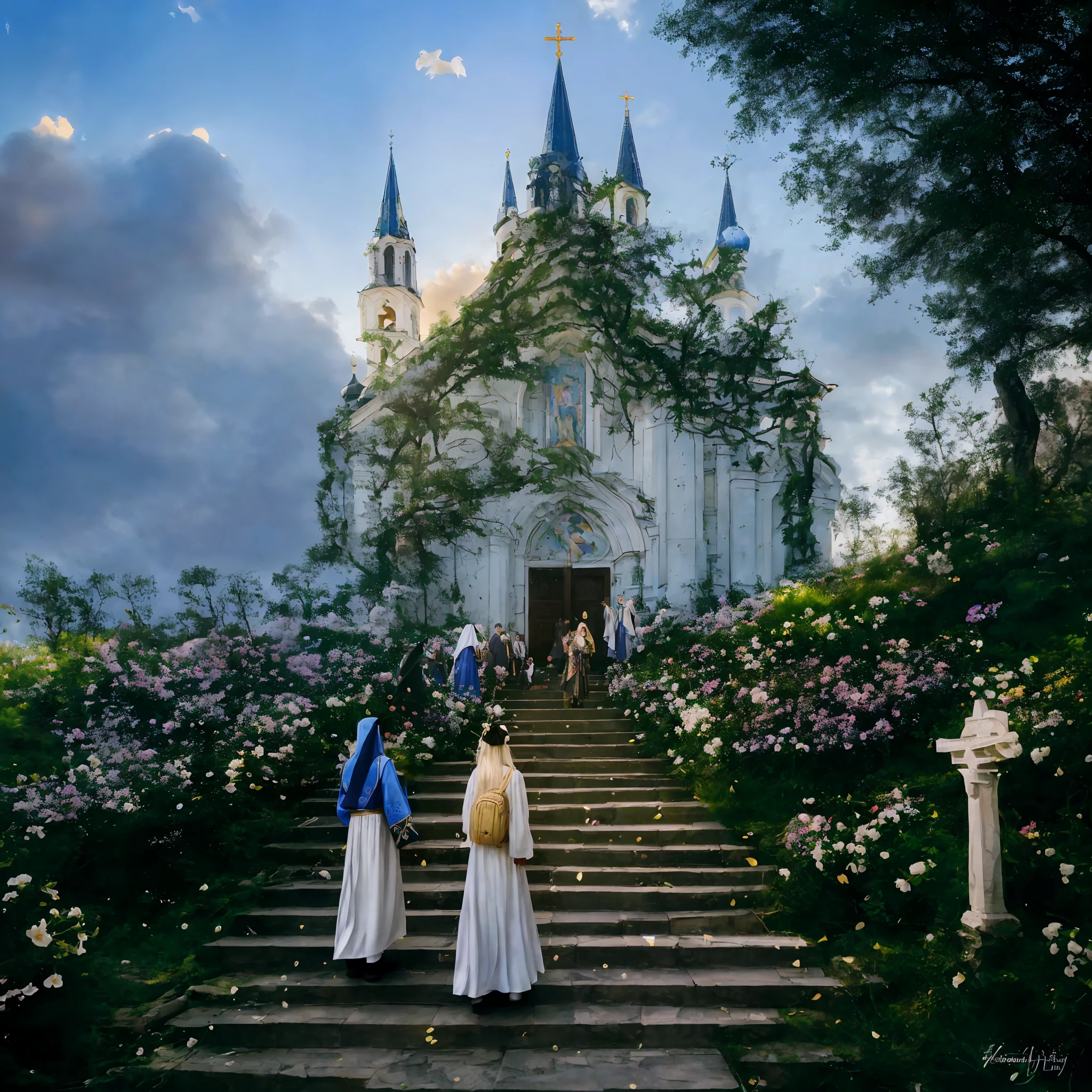 there are many people walking up the steps to a church, holy ceremony, blossoming path to heaven, opening scene, sergey zabelin, holy place, slav epic, midsommar - t, by Zlatyu Boyadzhiev, midsommar, stairway to heaven, by Kurt Roesch, andrey gordeev, by Aleksander Gierymski