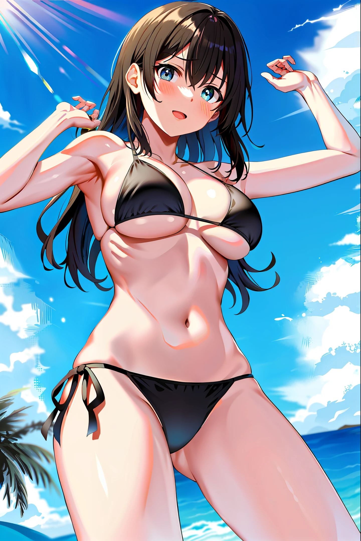 Black bikini, large breasts, arms raised, leaky armpits