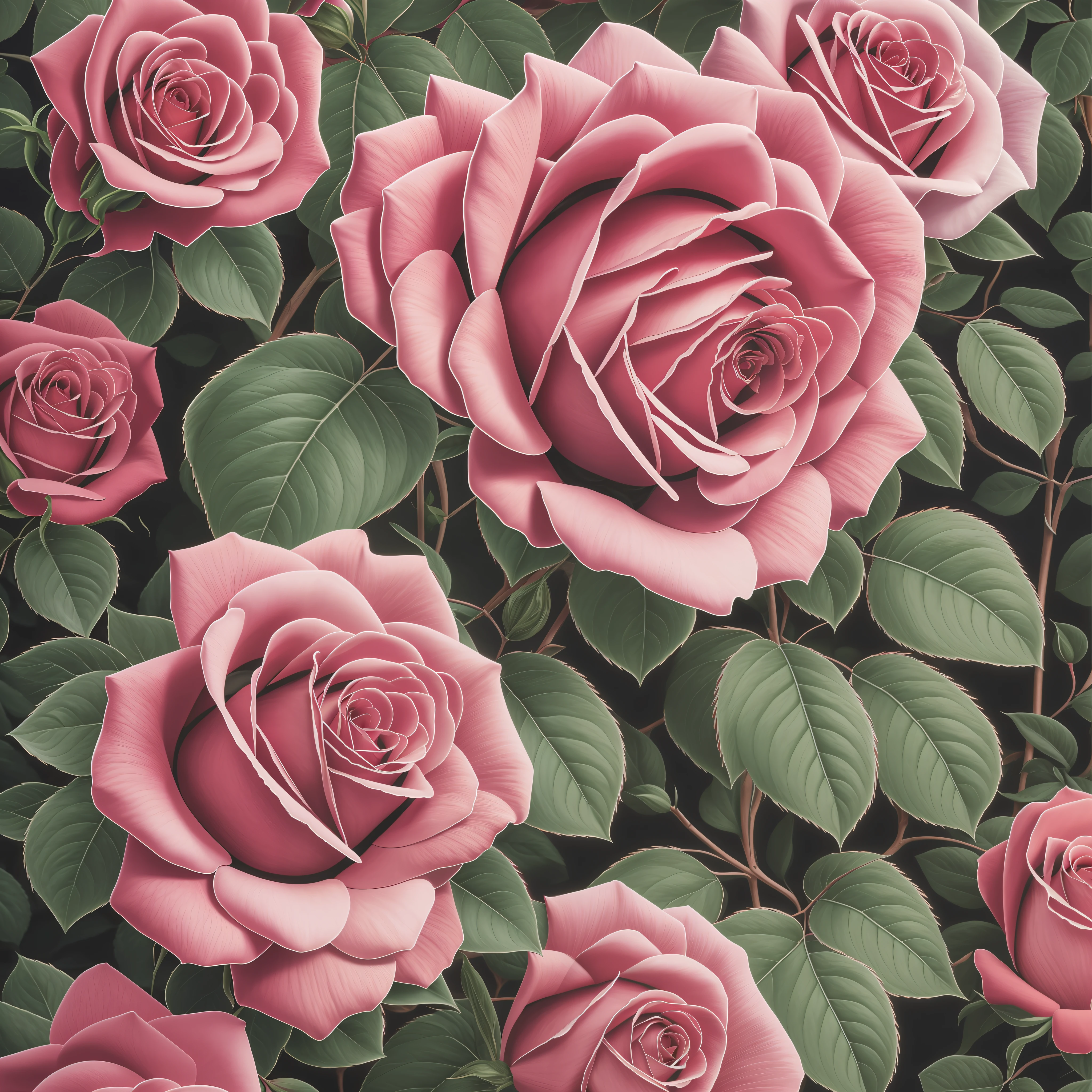 An extremely detailed rose bush, intrigued, soft colors, realistic texture, artwork, high resolution