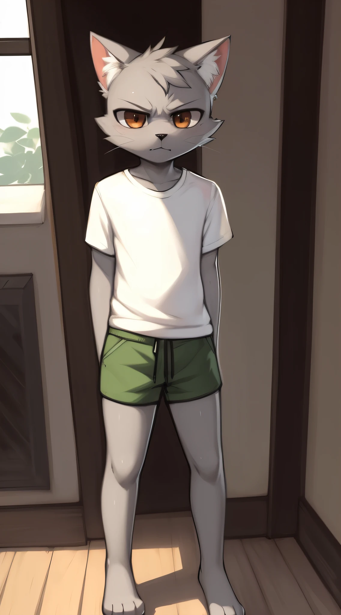 by zackary911, zackary911, cat, antrum, ((gray skin)), 15-year-old, badly faced, angry expression, solo, background inside a house, white shirt, standing, brown eyes, perfectly detailed eyes, extremely detailed body, perfectly detailed paws, black nose, perfectly detailed hands, long knee-length green shorts, barefoot, perfectly detailed face, paws